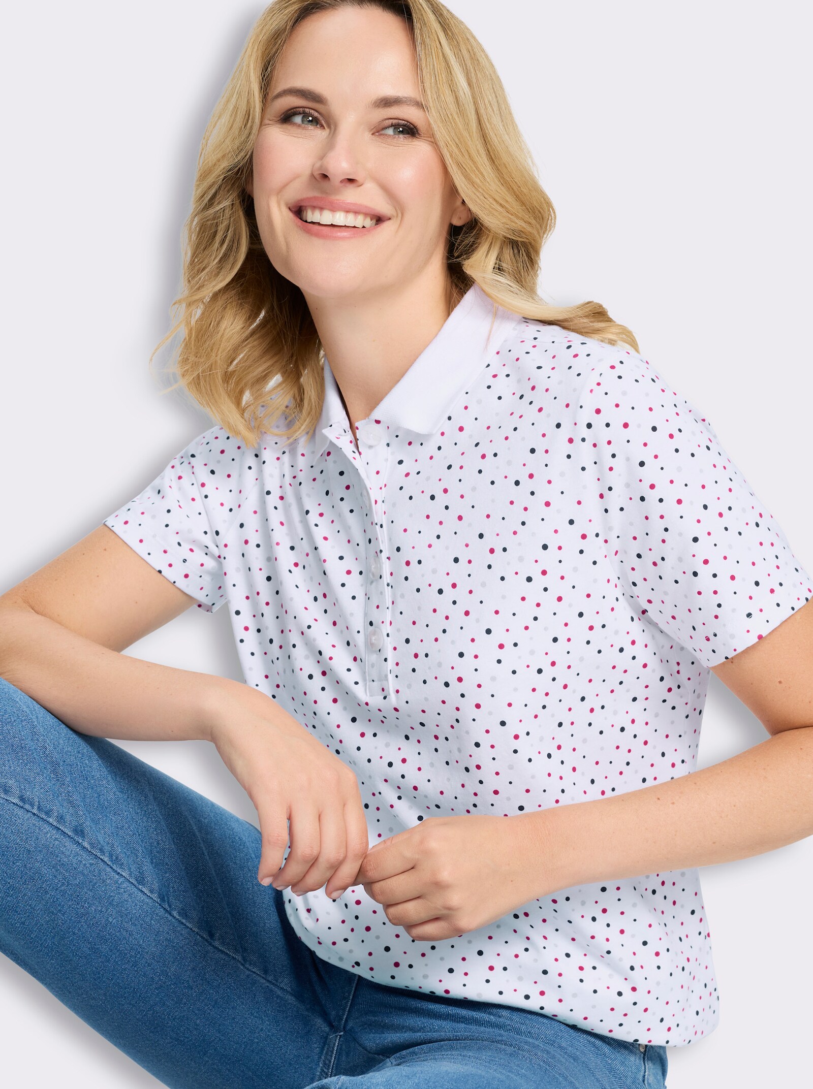 Poloshirt im Tupfen-Dessin - weiß-fuchsia-getupft