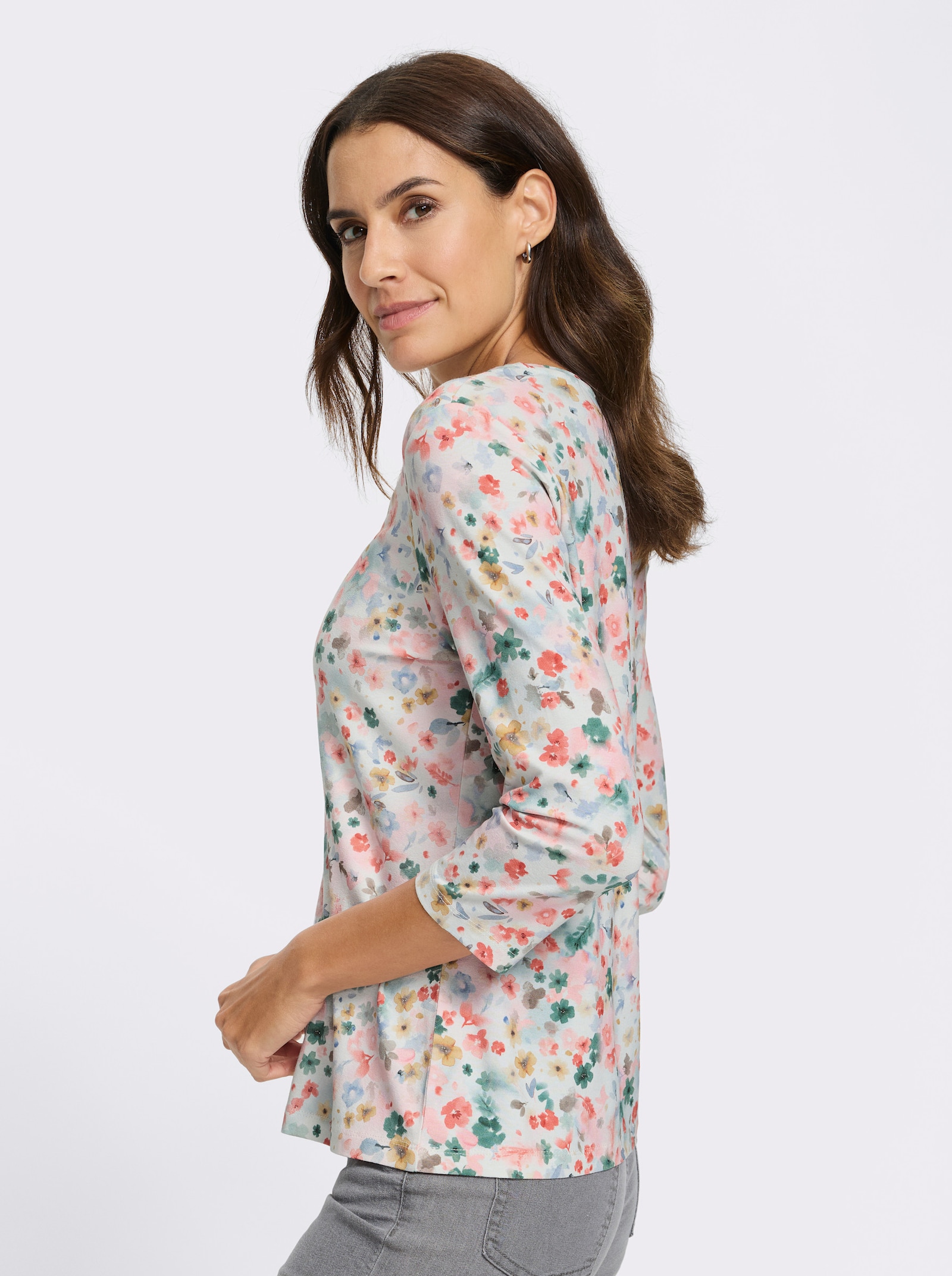 Tričko, 3/4 rukávy, kvetový vzor - Svetlobéžovo-plameniaková potlač