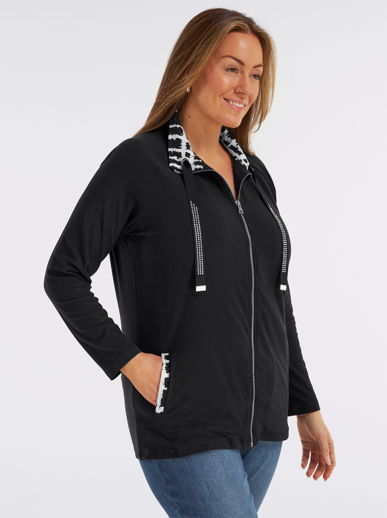 Shirtjacke mit Glitzersteinchen - schwarz-ecru-gemustert