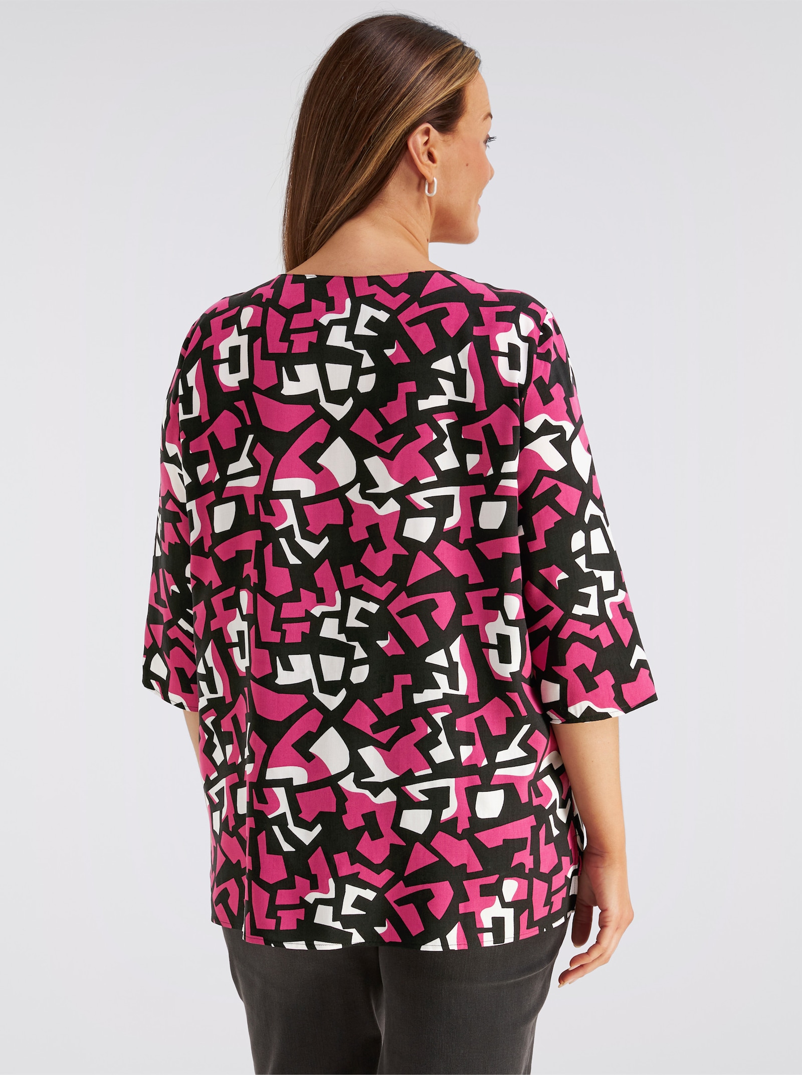 Druckbluse mit Falten am Ausschnitt - fuchsia-schwarz-bedruckt