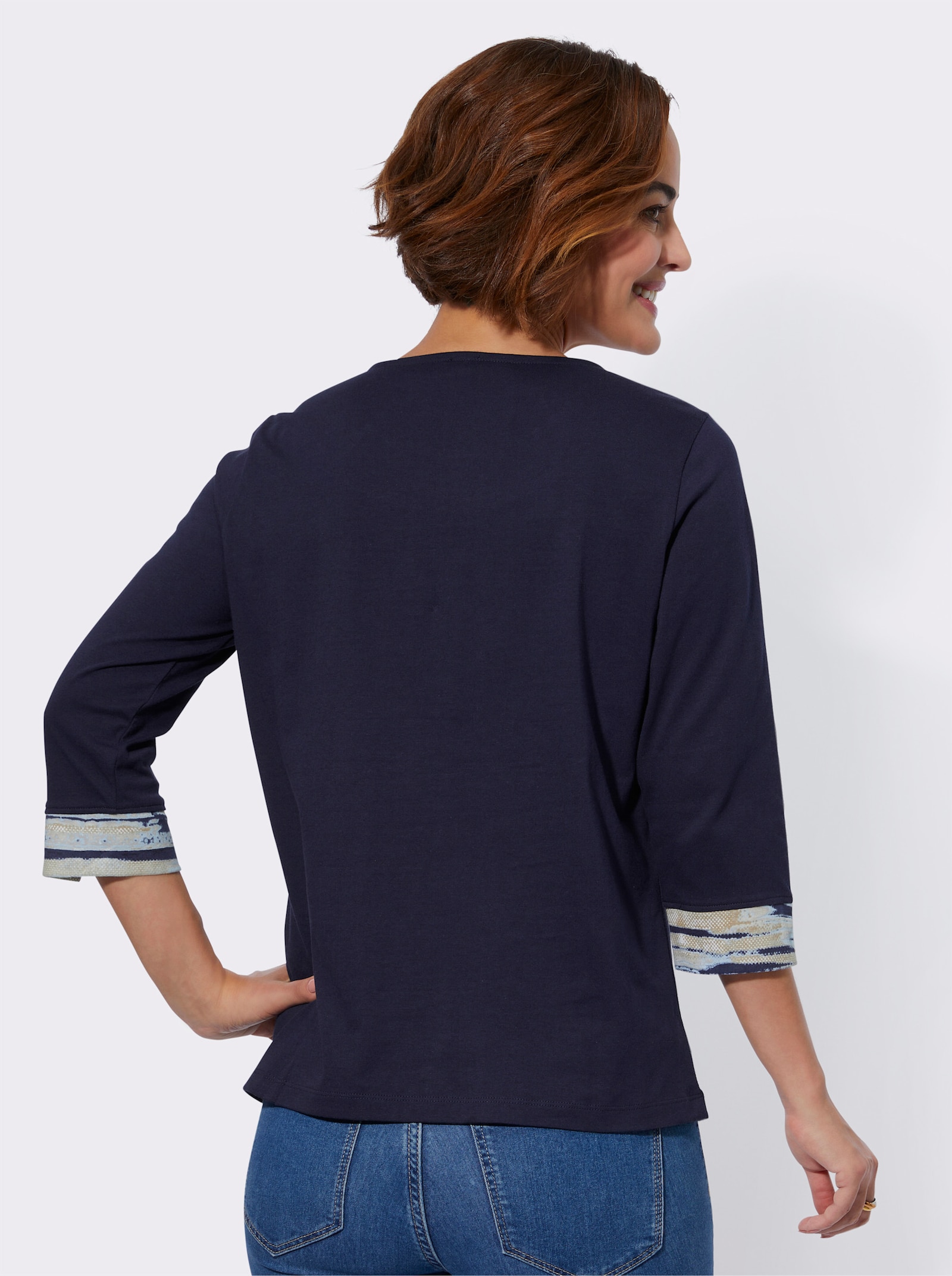 Kurzarmshirt mit Glitzersteinchen - marine-rosé-bedruckt