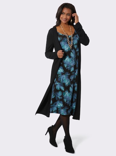 Jerseykleid in 2-in-1-Optik - schwarz-aquamarin-bedruckt