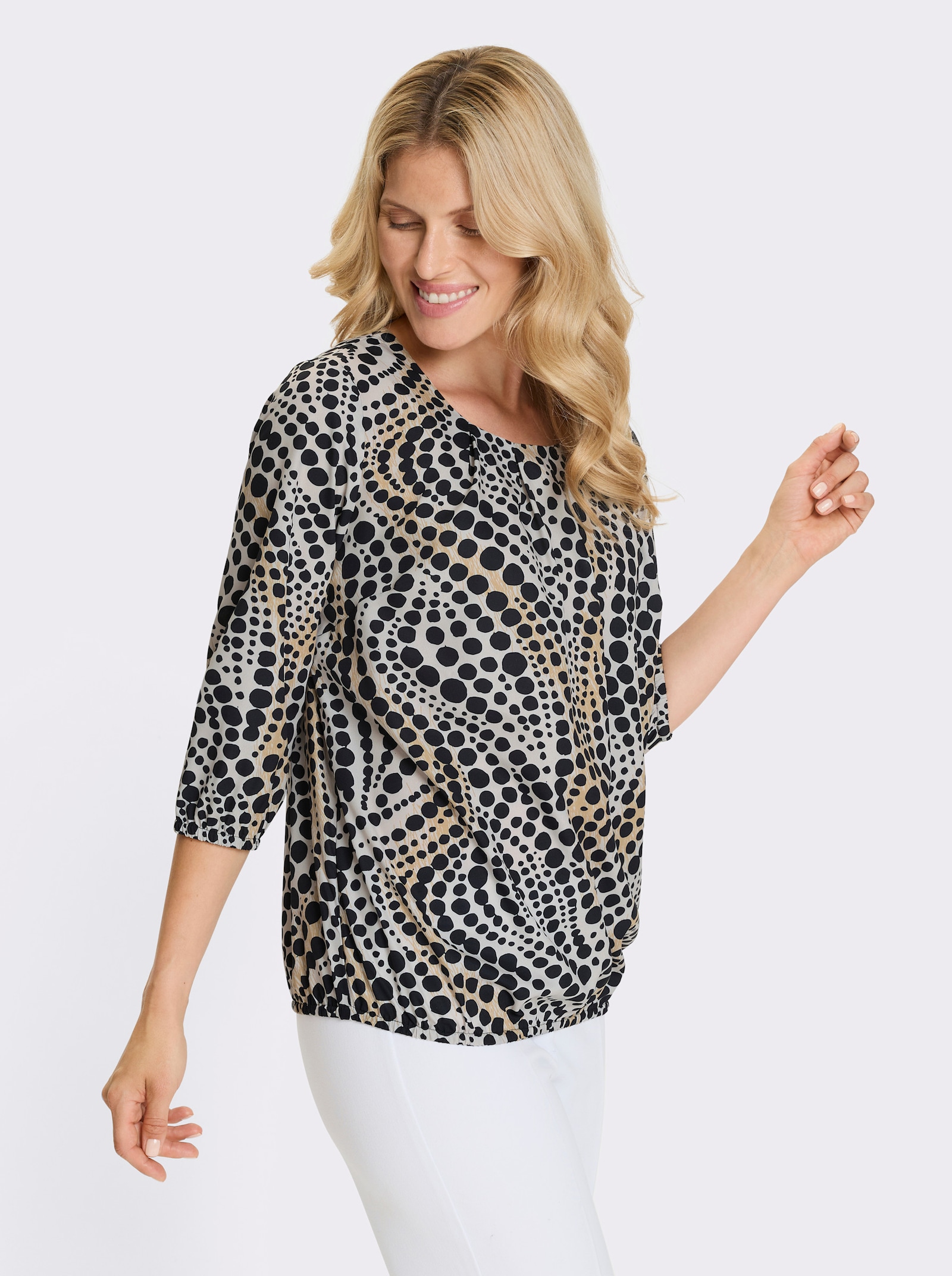 Schlupf-Bluse im Punkte-Dessin - elfenbein-schwarz-bedruckt