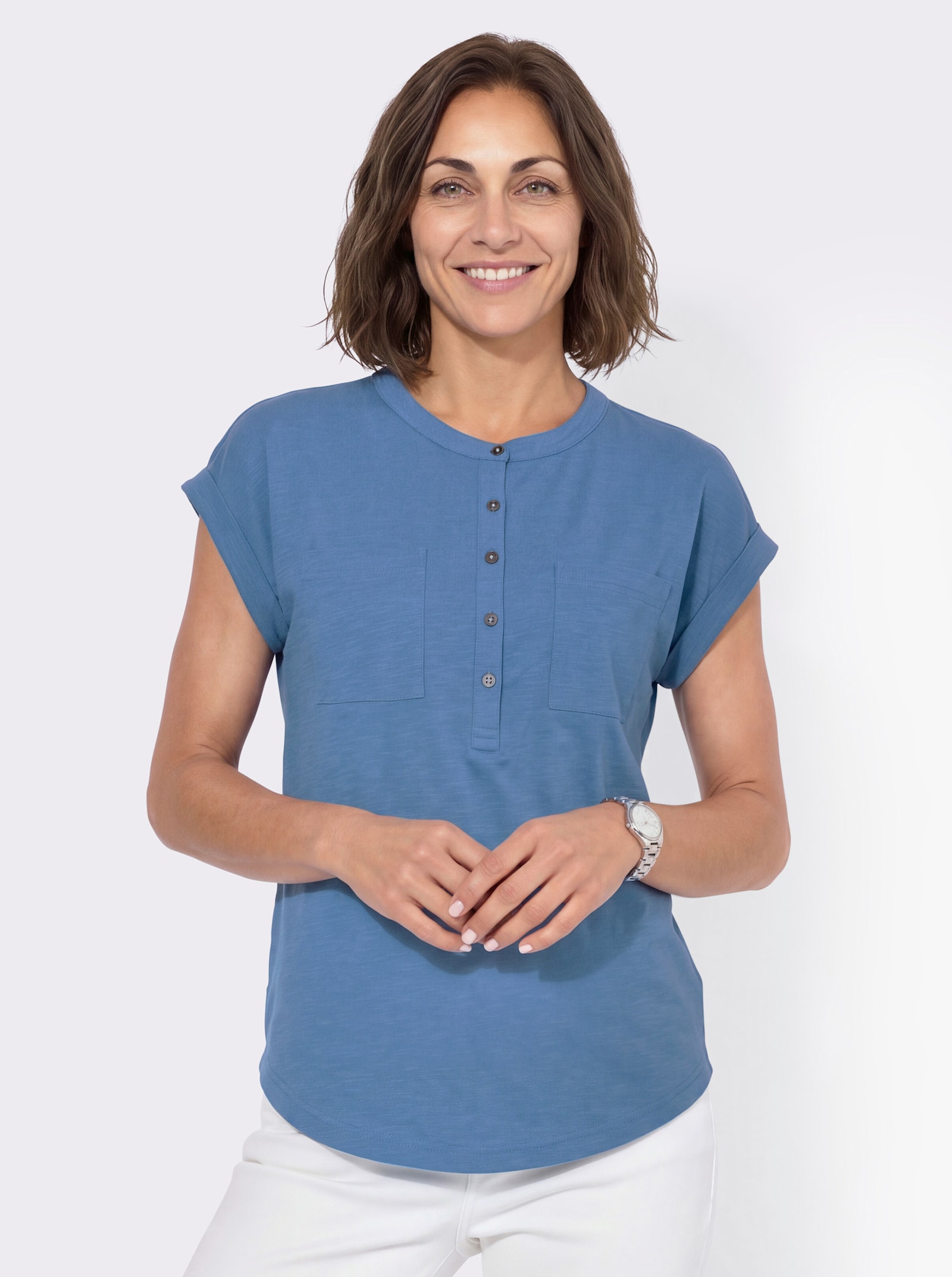 Kurzarmshirt mit Ärmelaufschlägen - mittelblau