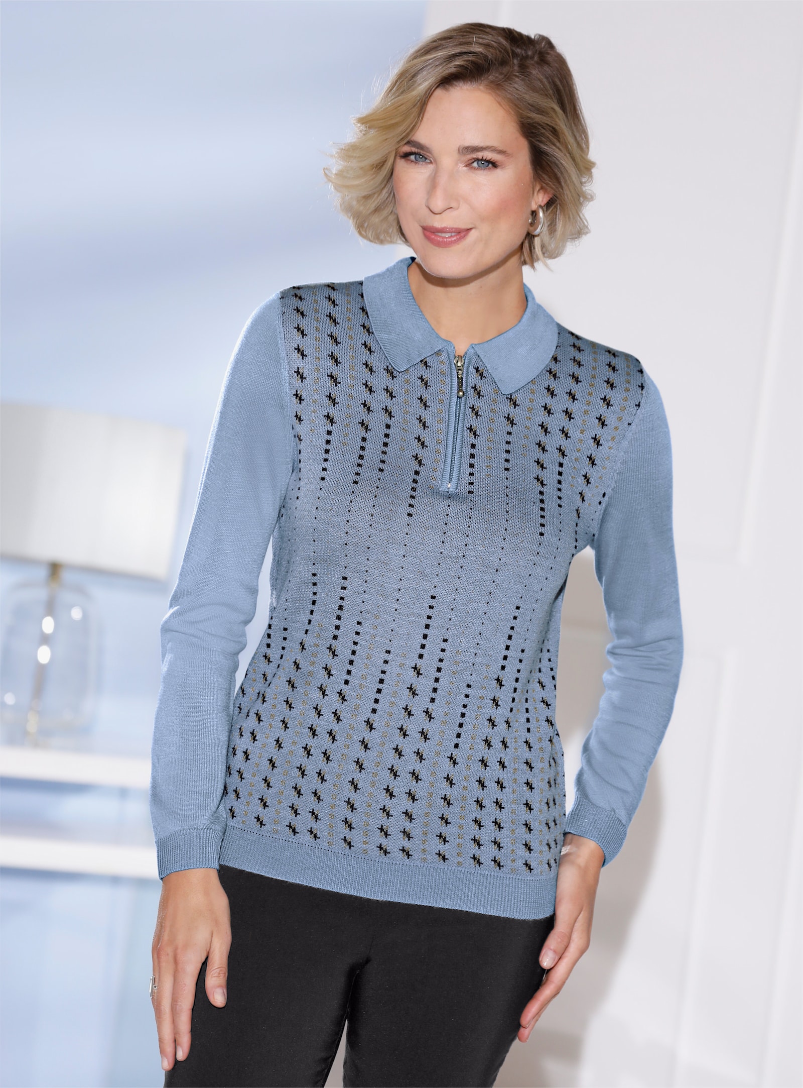 Polopullover , Ärmel und Rückenteil einfarbig - bleu-marine-gemustert