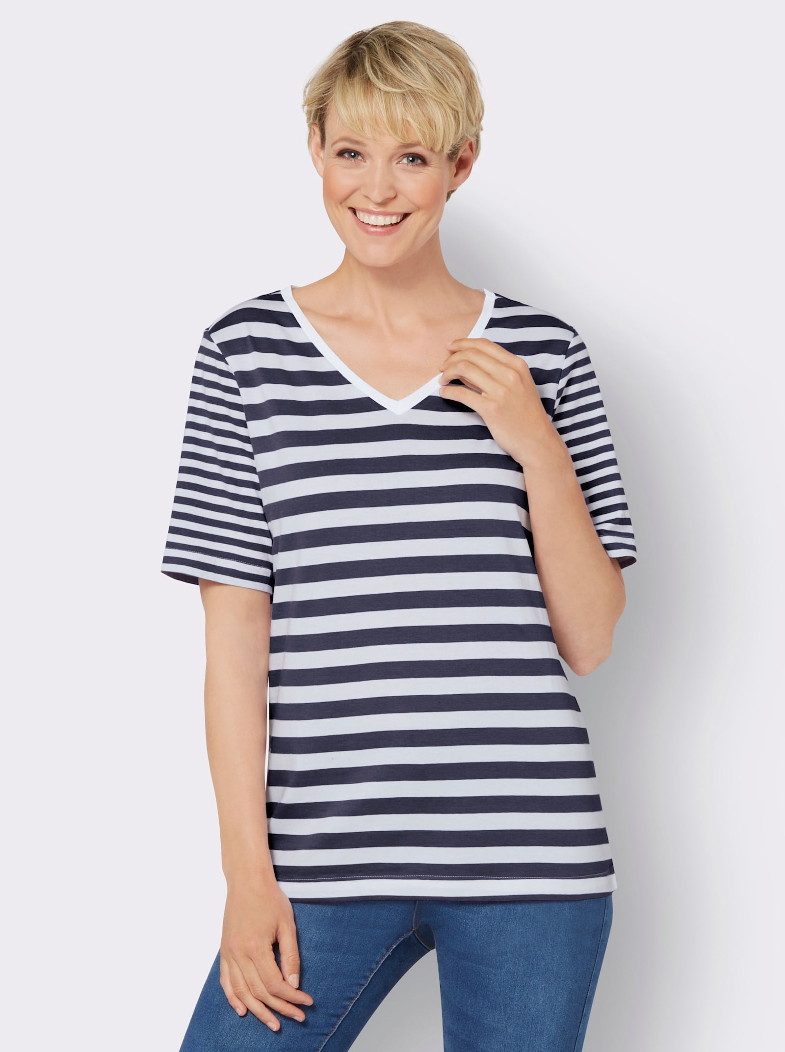 Kurzarmshirt , hochwertig garngefärbt - marine-weiß-geringelt