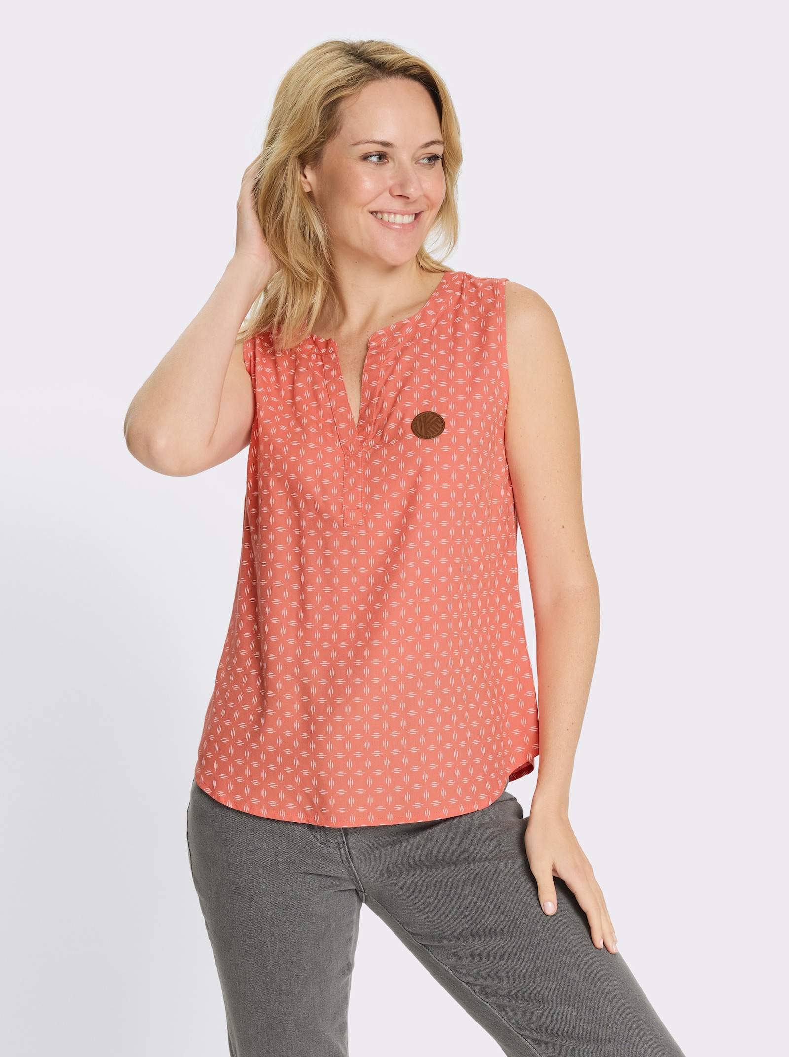 Halenkový top z měkce splývavé viskózy - korálová-bílá-potisk