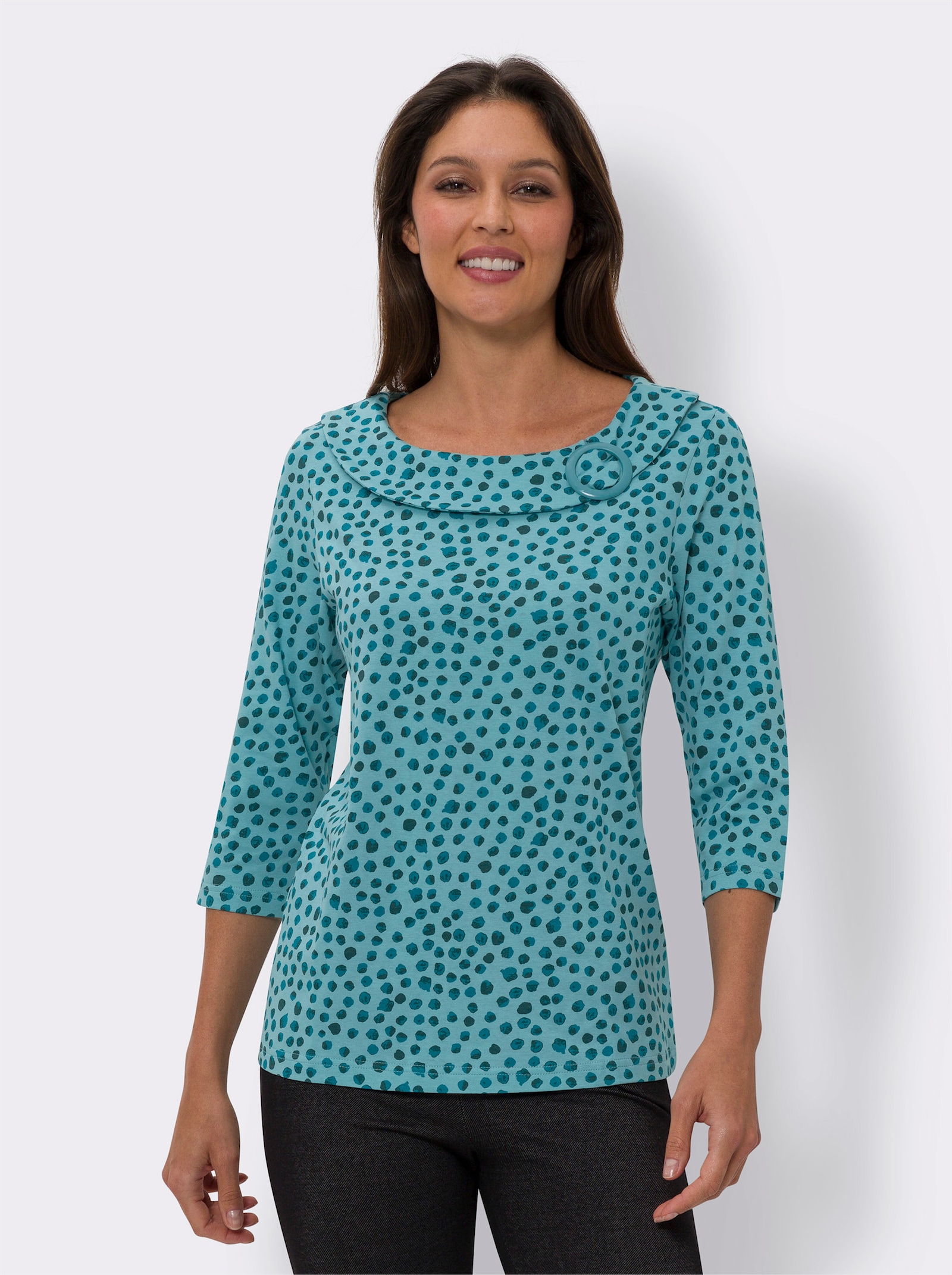 Tričko s 3/4 rukávem a ozdobnou sponou na výstřihu - mořská-petrolejová-potisk