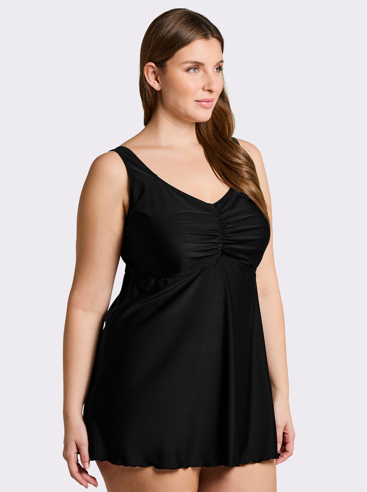 sheego Tankini-Oberteil mit V-Ausschnitt und Raffung - schwarz