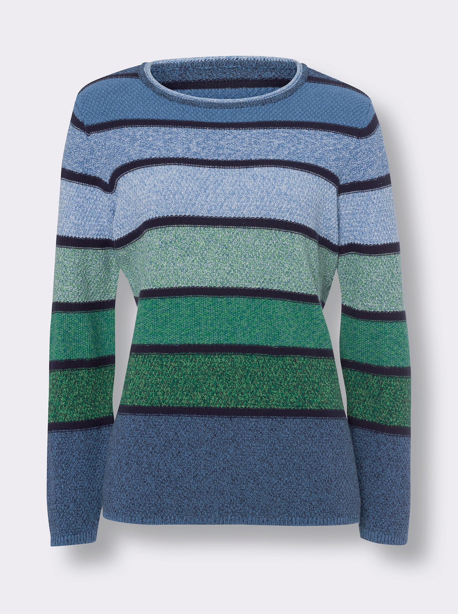 Langarm-Pullover aus Baumwolle, gestreift - mittelblau-grün-geringelt