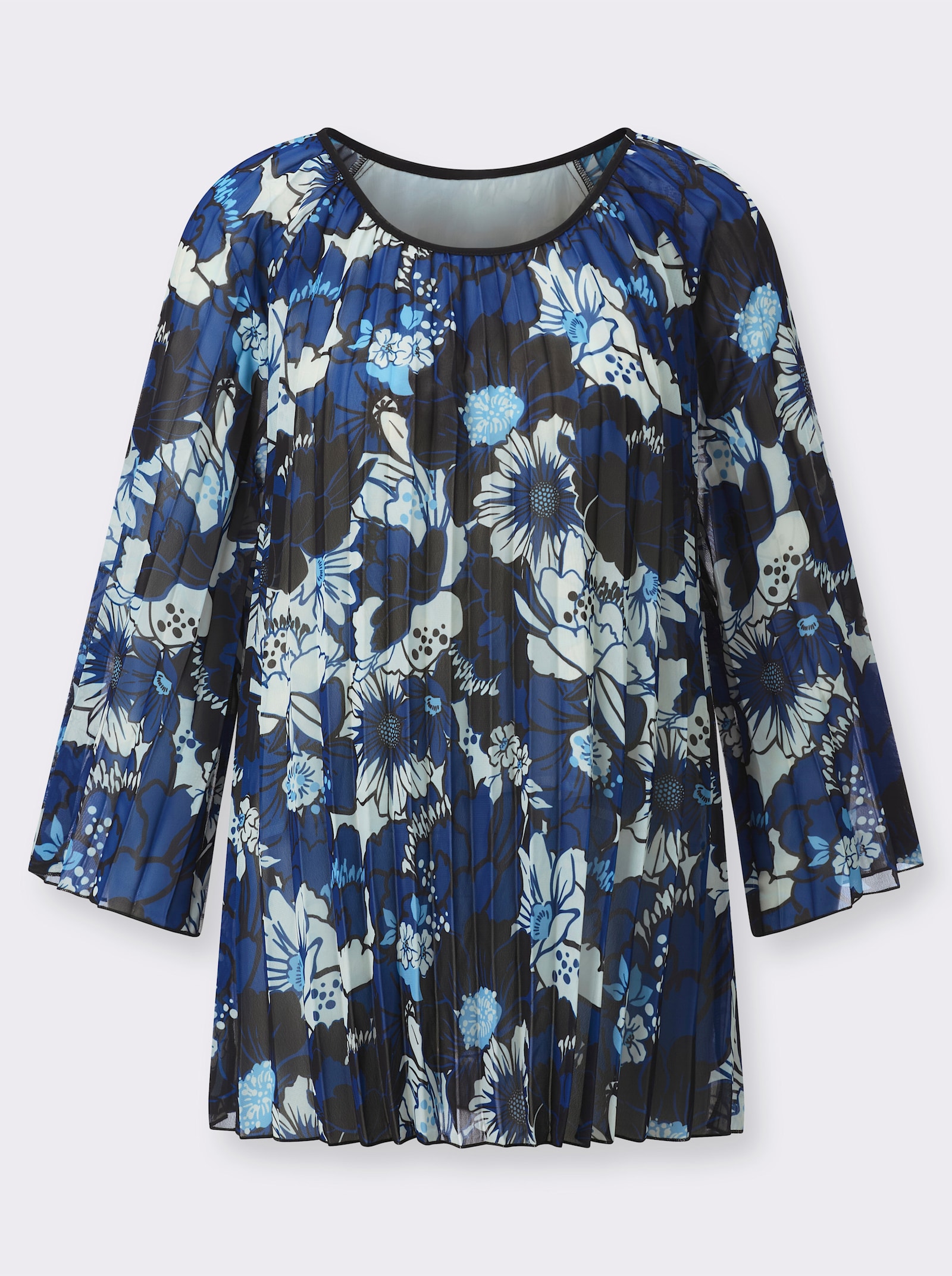 Tunika in edler Plissee-Qualität - royalblau-schwarz-bedruckt