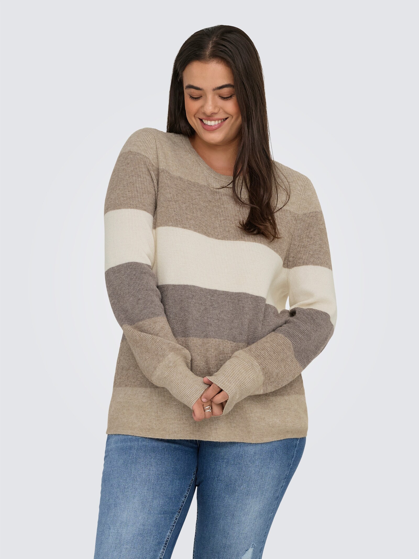 ONLY CARMAKOMA Strickpullover - feather gray stripes:beige/whitecap gray/leafless tree
