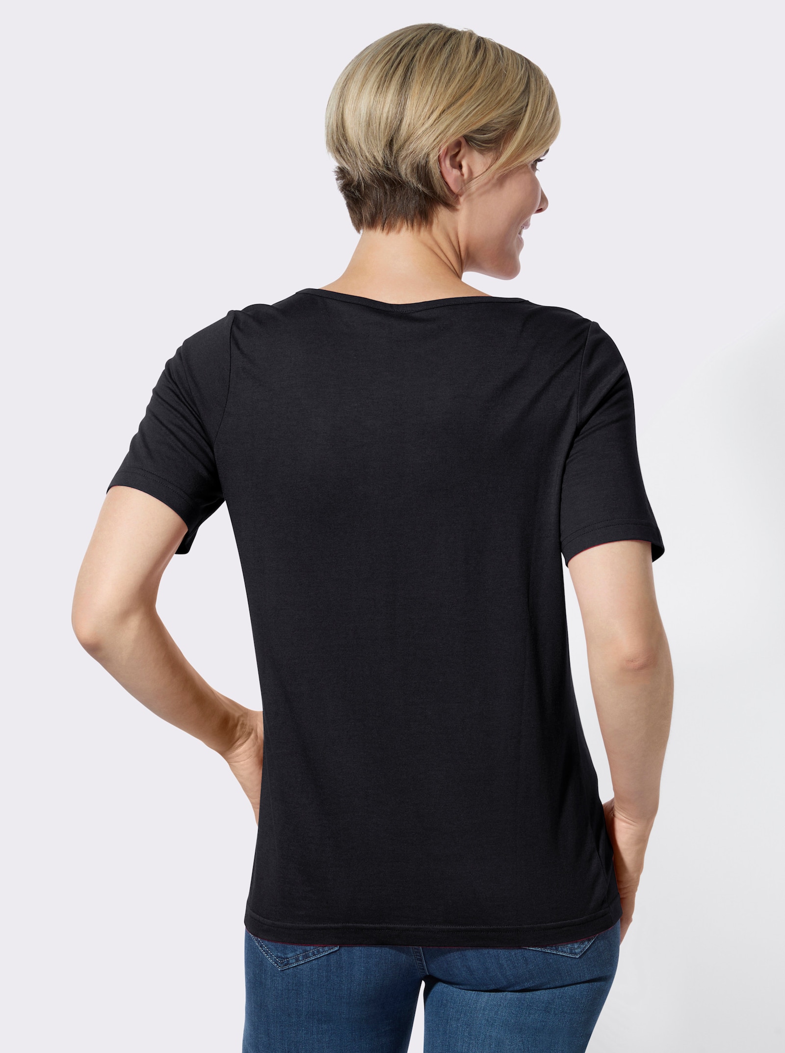V-Shirt mit Stickereien und Glitzersteinchen - schwarz