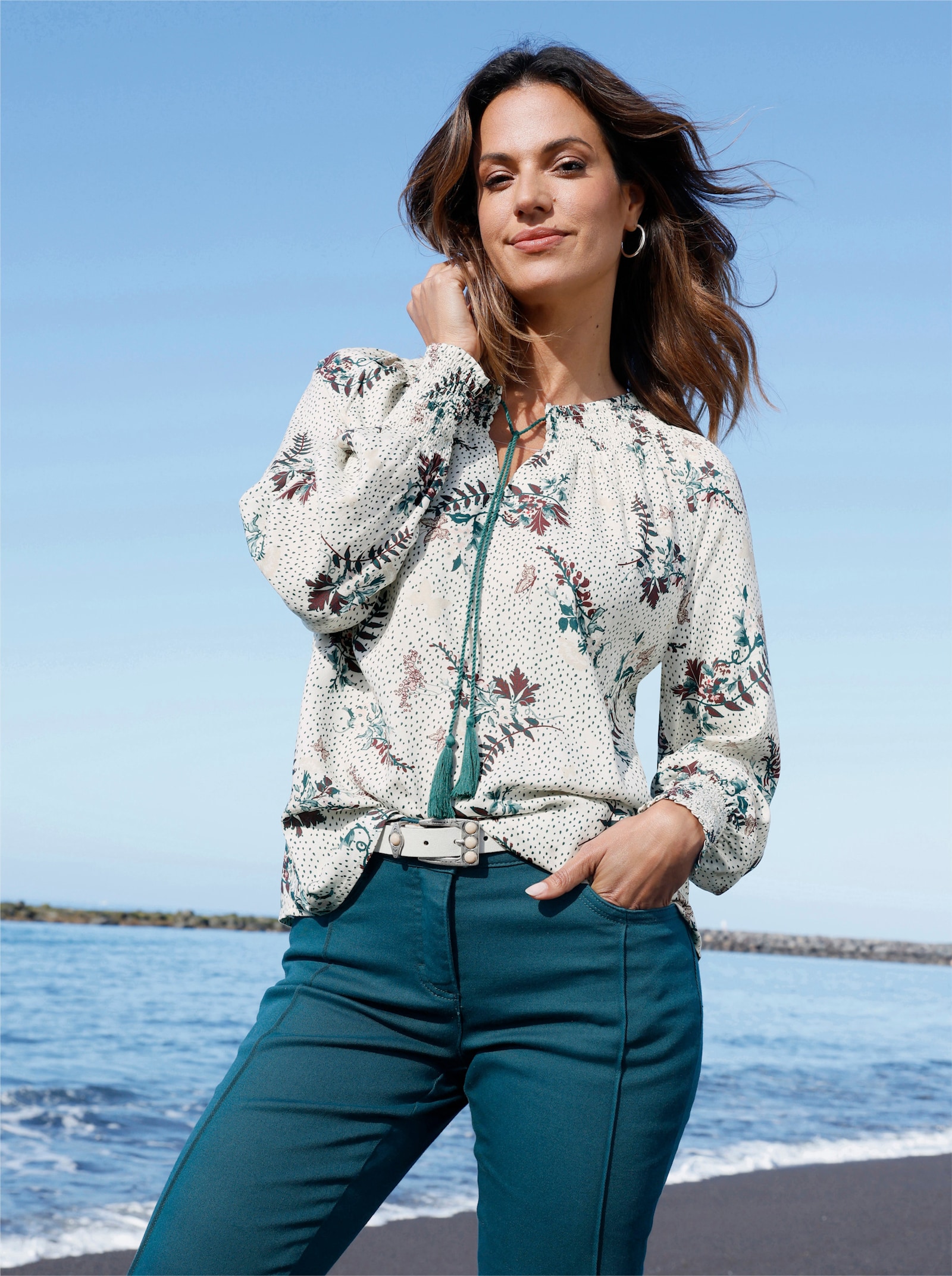 Druckbluse - champagner-hortensie-bedruckt