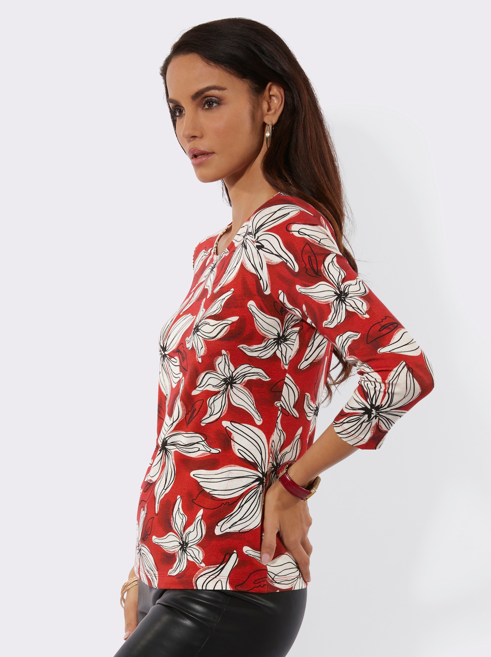 3/4-Arm-Shirt im Blüten-Dessin - rot-champagner-bedruckt