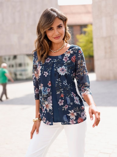 Druckbluse - dunkelblau-orchidee-bedruckt