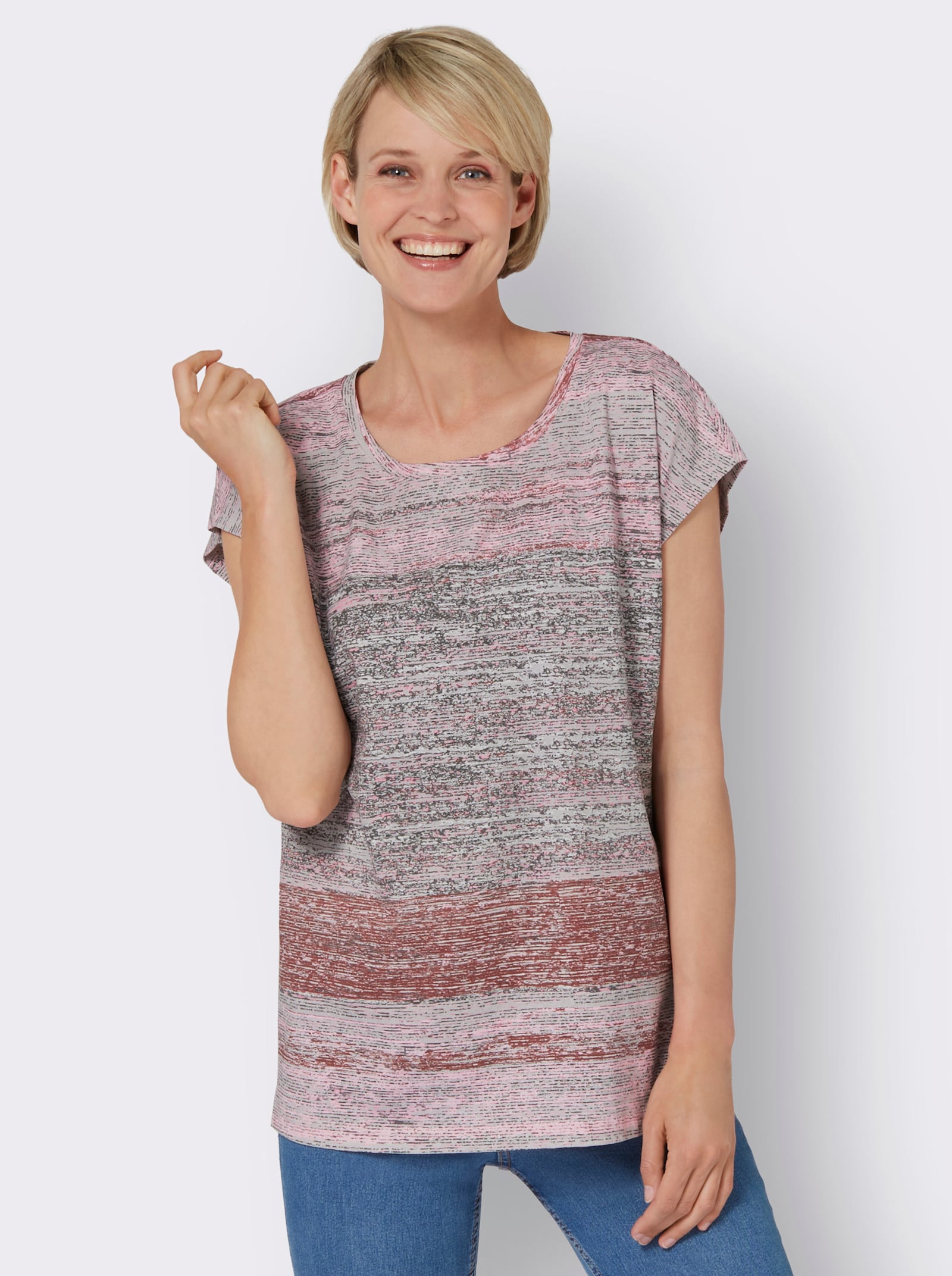 Kurzarmshirt aus reiner Baumwolle - altrosa-schwarz-bedruckt