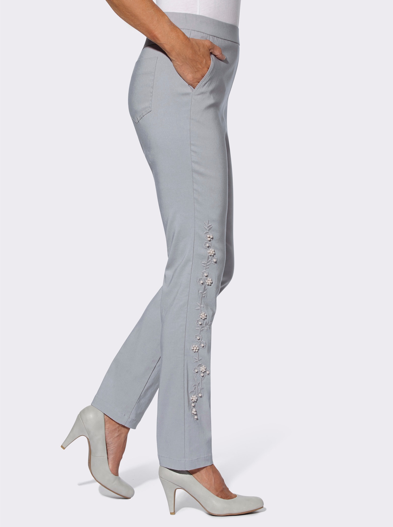 Bengalinhose mit Blüten- und Glitzersteinchen-Verzierung - steingrau