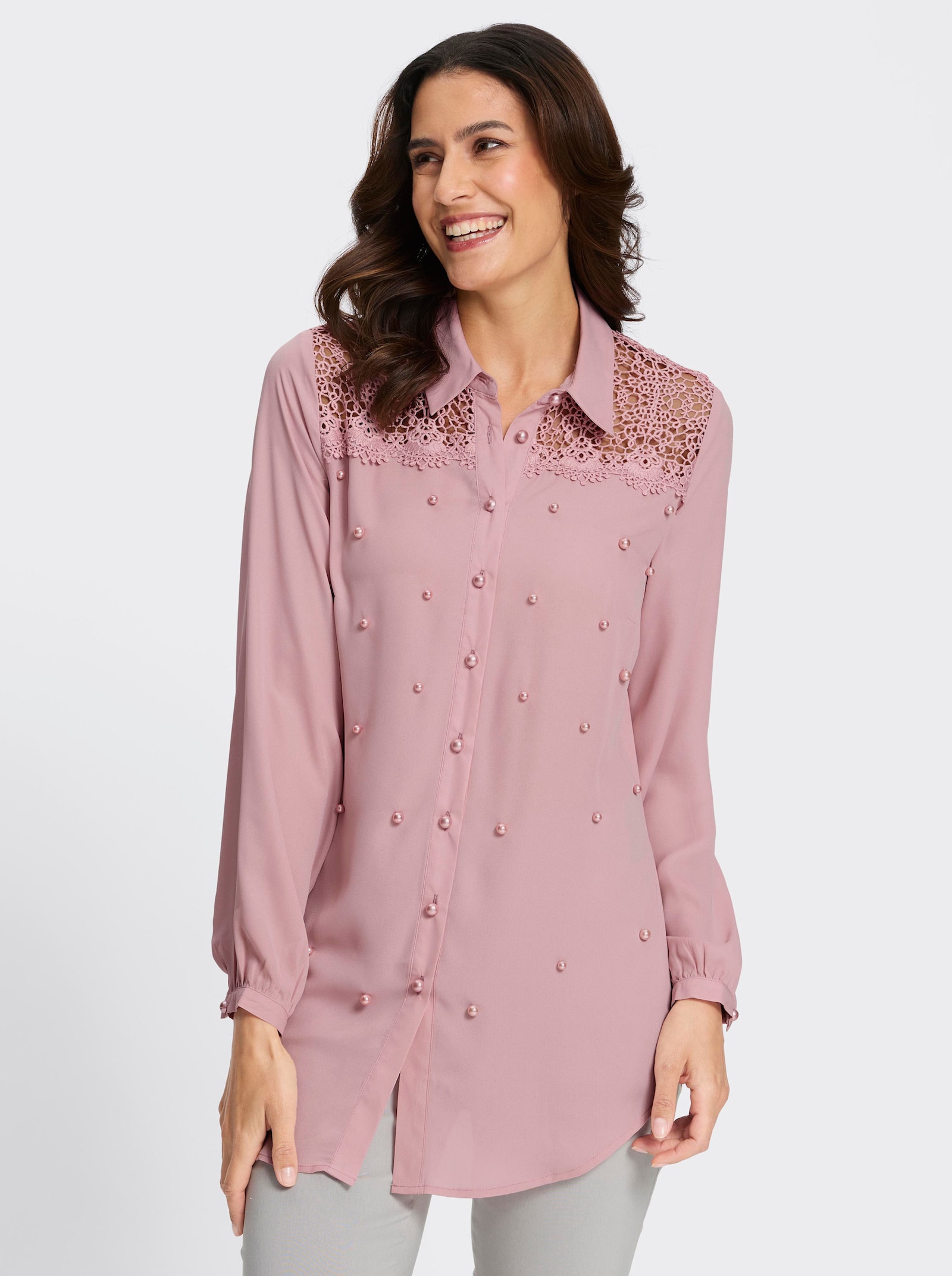 Longbluse mit Spitze und Zierperlen - hortensie