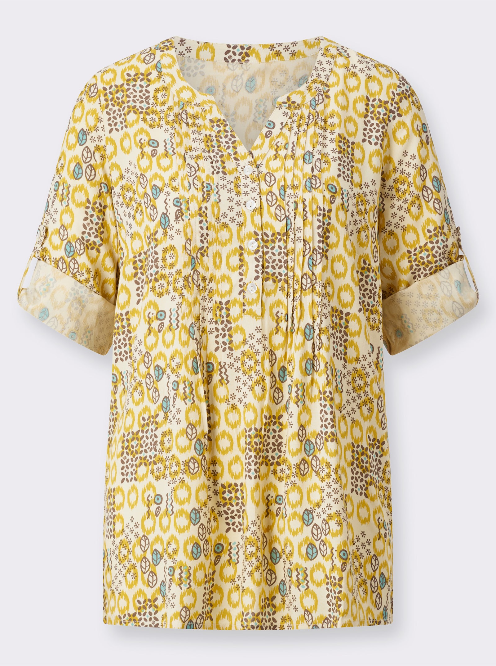 Longbluse mit krempelbaren Ärmeln - sand-ocker-bedruckt