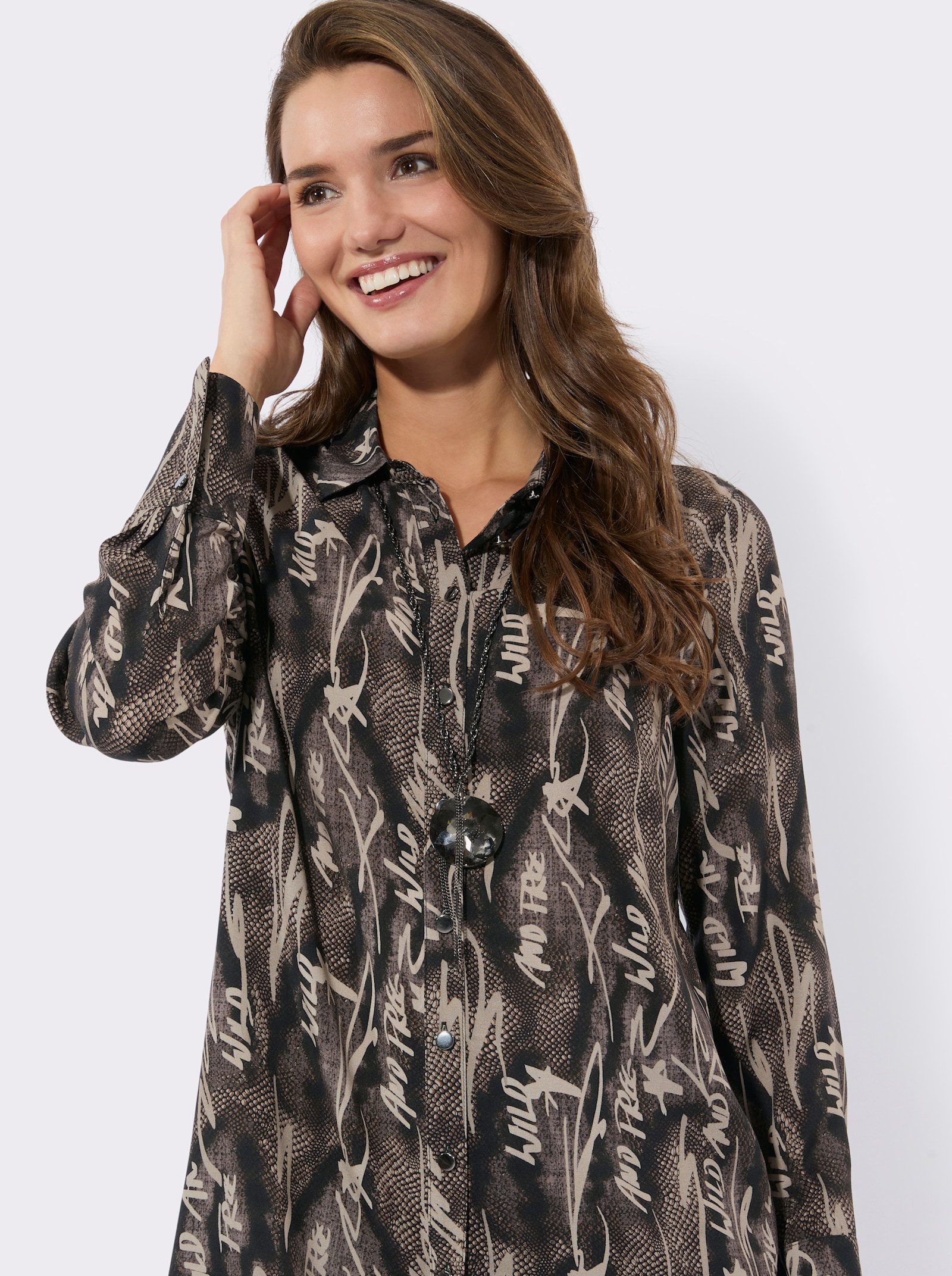 Longbluse aus reiner Viskose - dunkeltaupe-schwarz-bedruckt