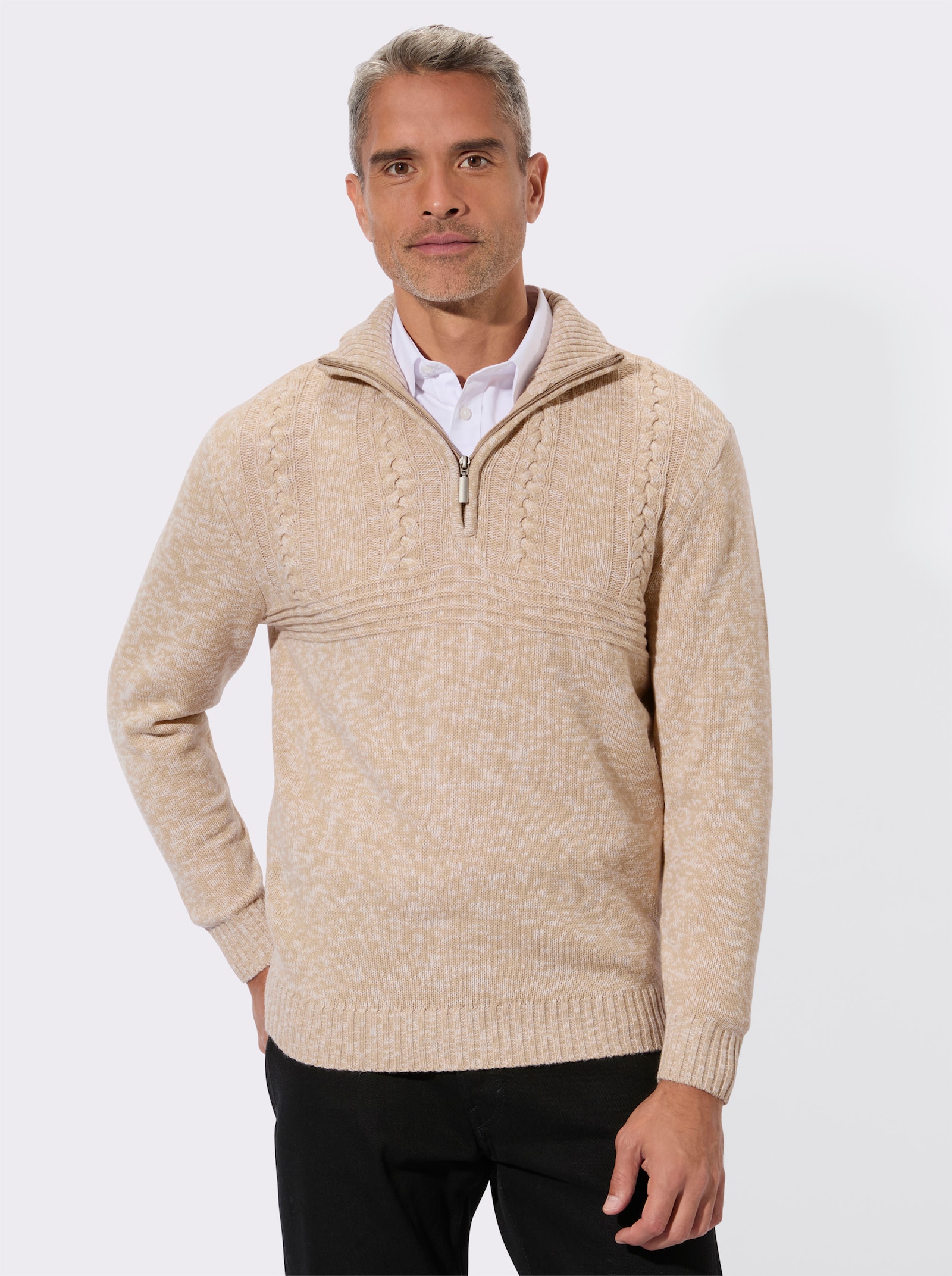 Langarm-Pullover mit platziertem Zopfmuster - beige-meliert