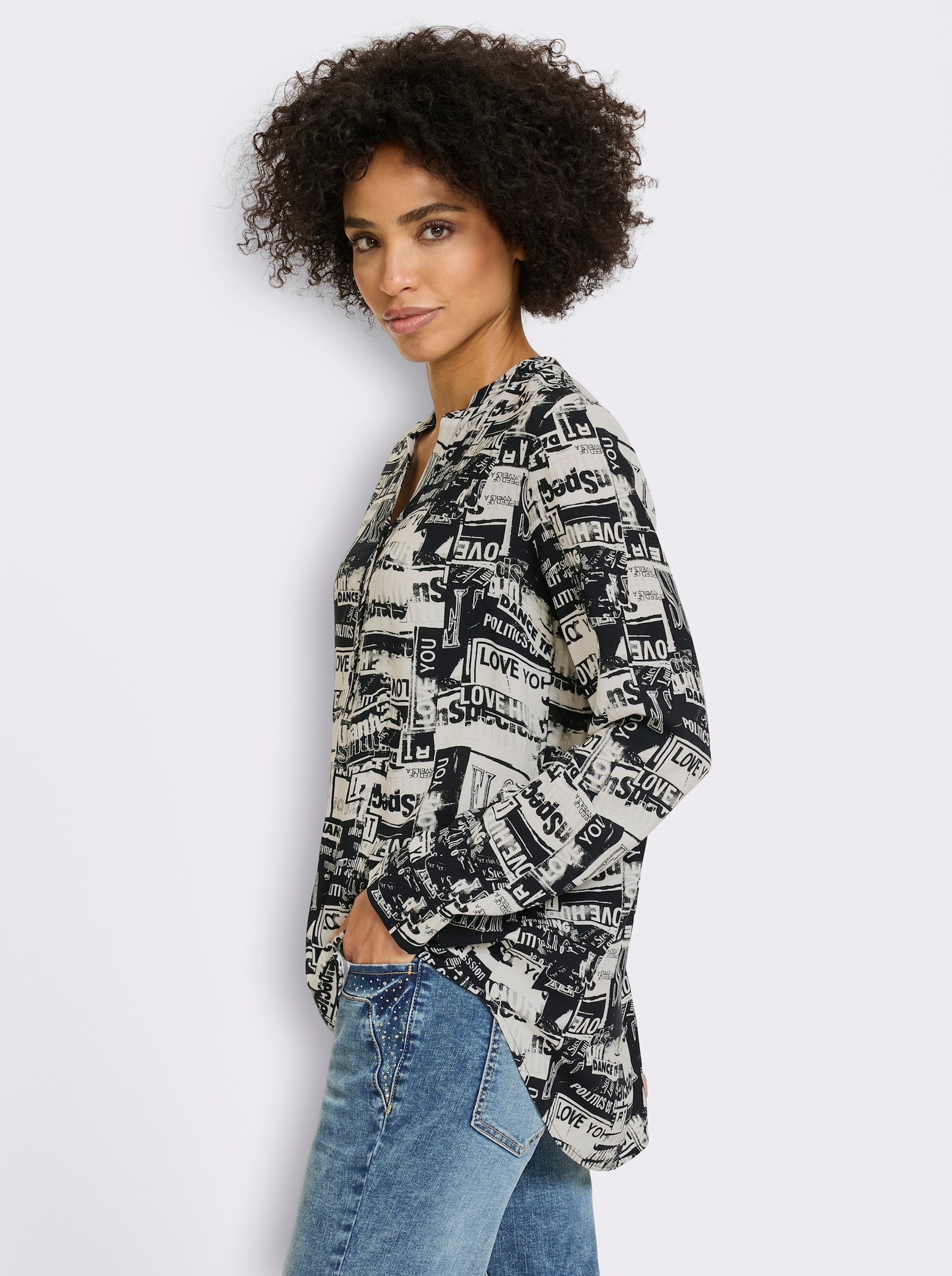 heine Druckbluse mit kurzer Knopfleiste - schwarz-weiß-bedruckt