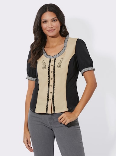 Trachtenbluse mit Rüschen - sand-schwarz