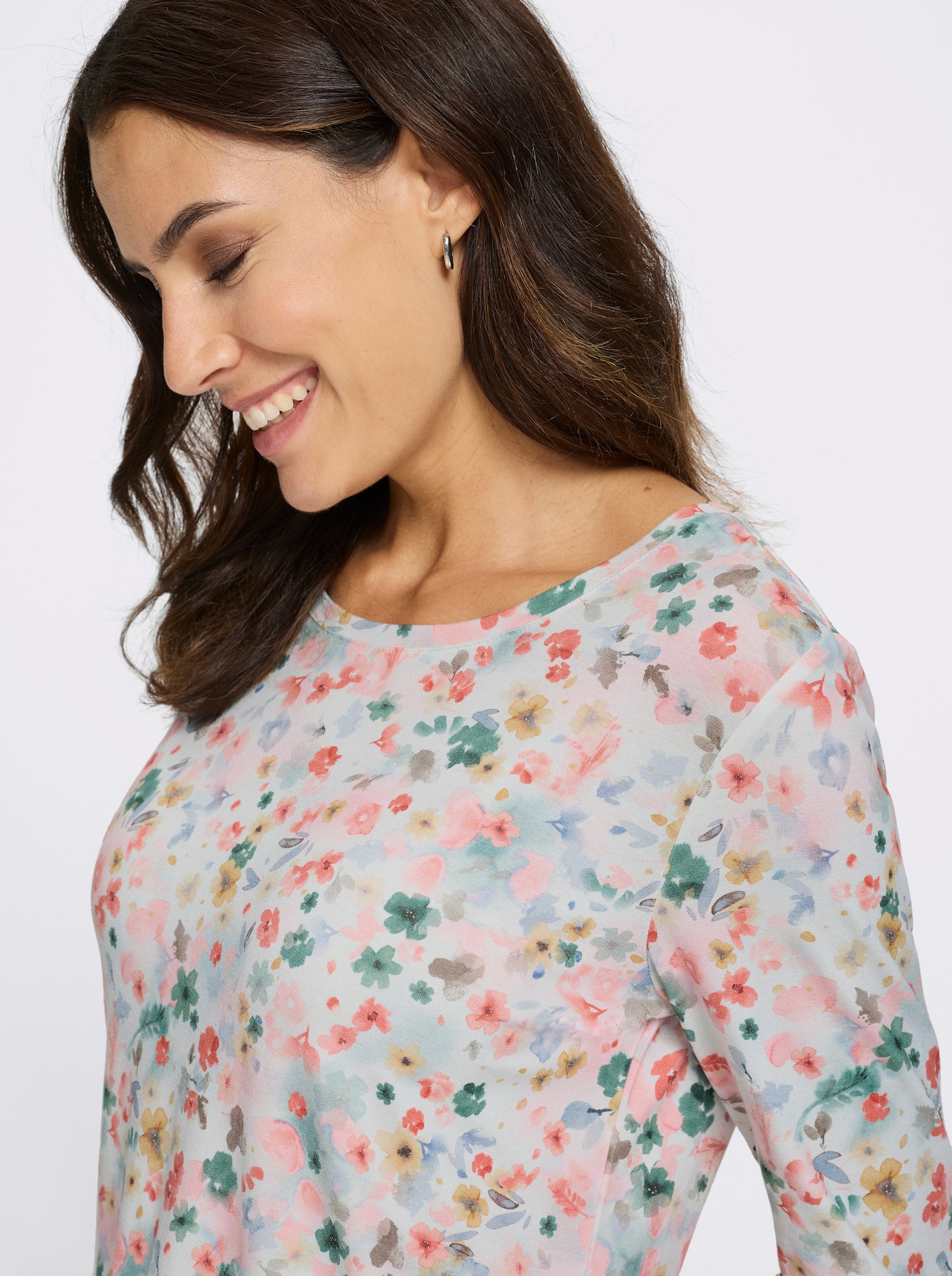 Tričko, 3/4 rukávy, kvetový vzor - Svetlobéžovo-plameniaková potlač