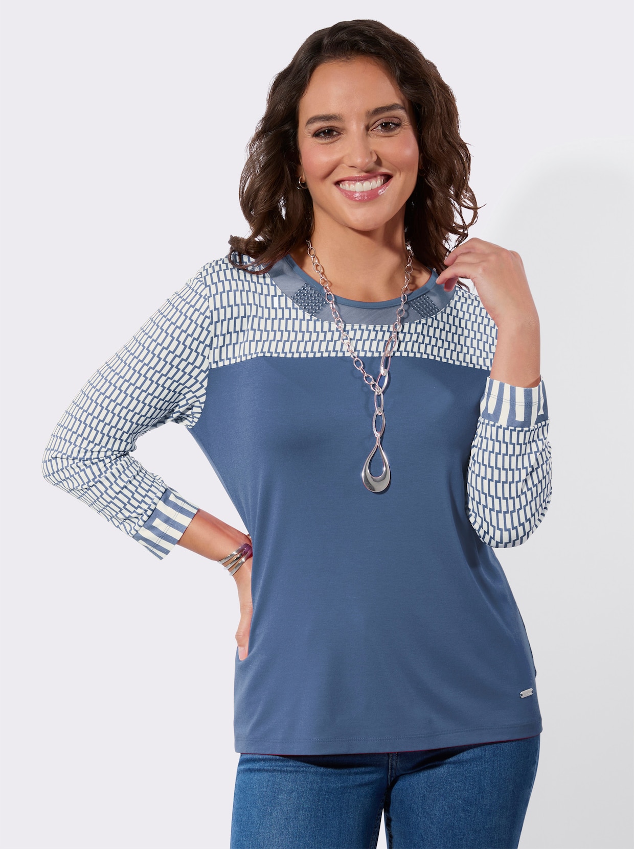 3/4-Arm-Shirt - jeansblau-ecru-bedruckt