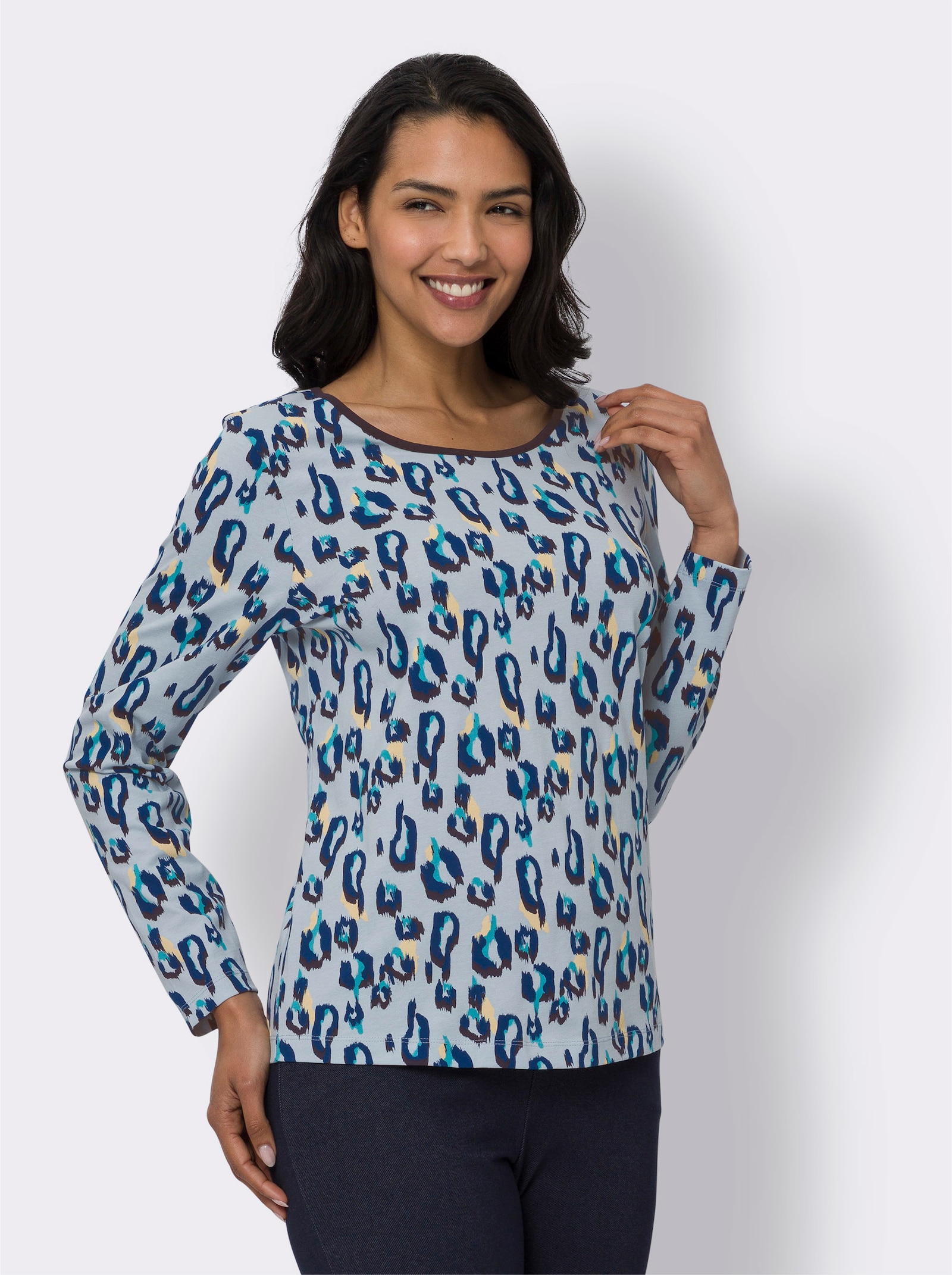 Shirt met lange mouwen in luipaardlook - lichtblauw geprint