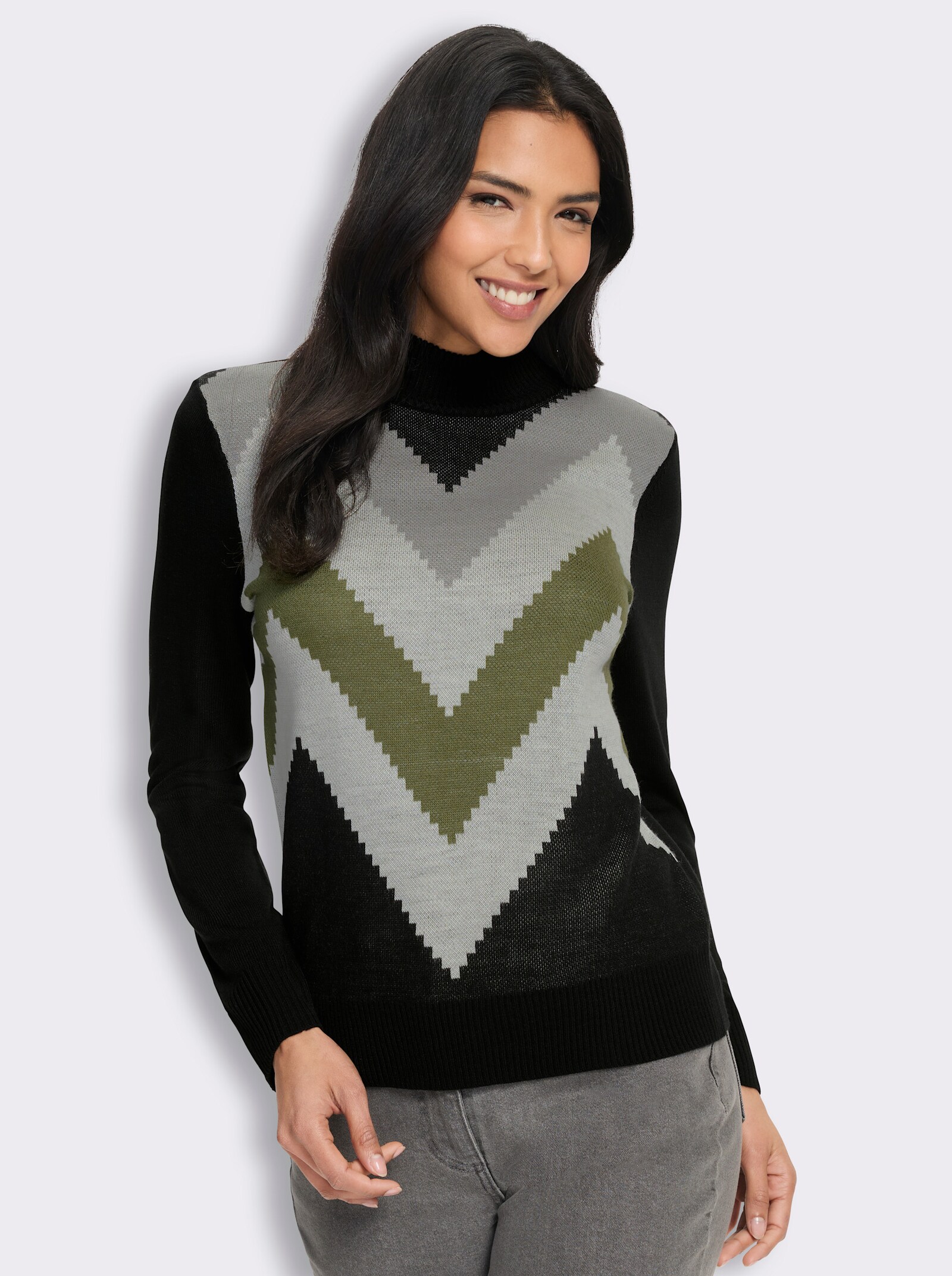 Stehkragenpullover mit Zickzack-Muster - schwarz-steingrau-gemustert