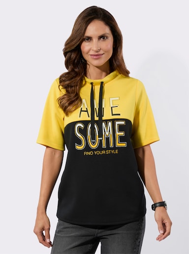 Stehkragenshirt mit Lettering-Druck - sonnengelb-schwarz