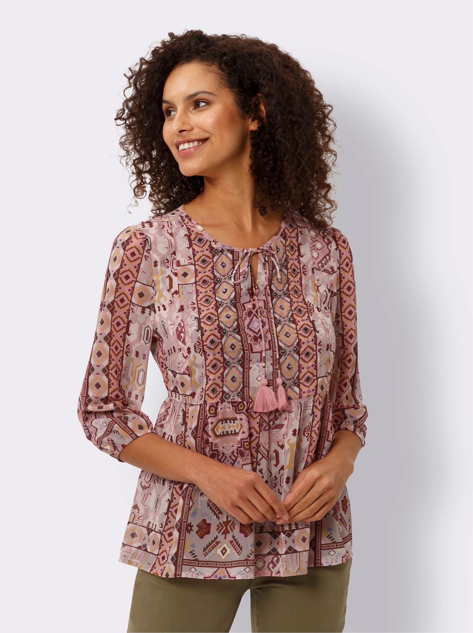 heine Druckbluse mit Zierperlen - rosenquarz-ocker-bedruckt