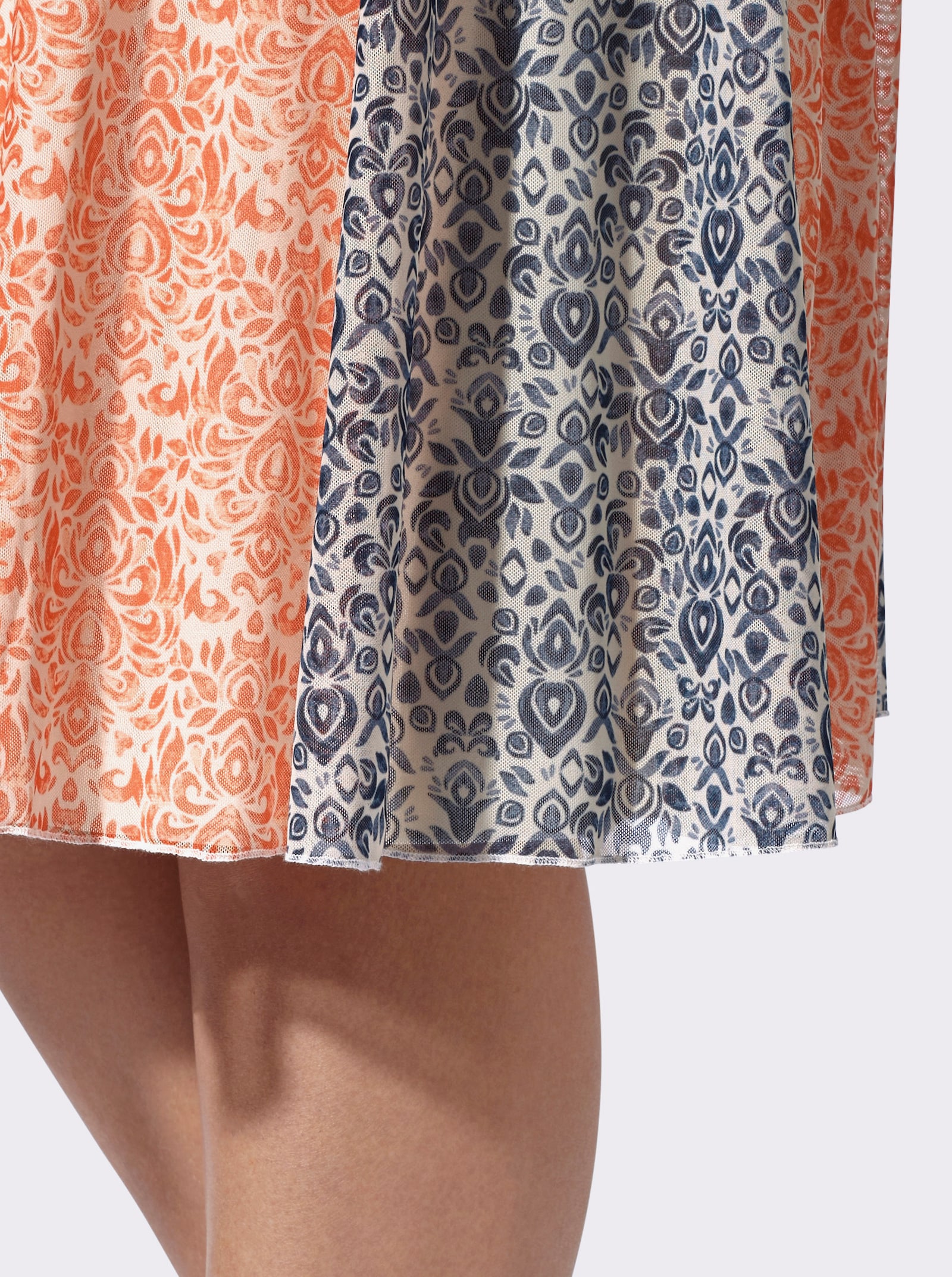 heine Bahnenrock in Mesh-Qualität - orange-taubenblau-bedruckt