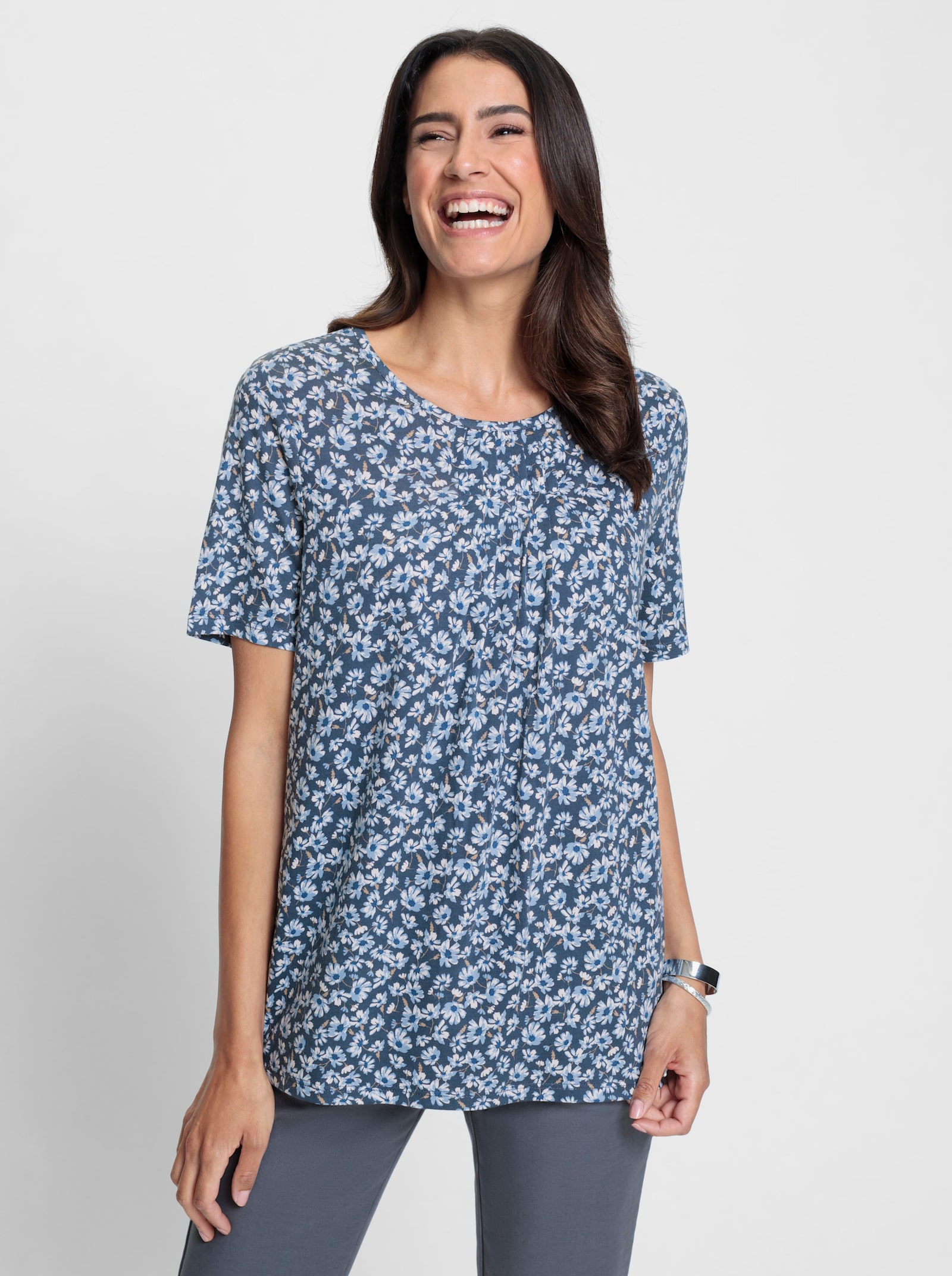 Tunikashirt mit Blümchendruck - rauchblau-bleu-bedruckt