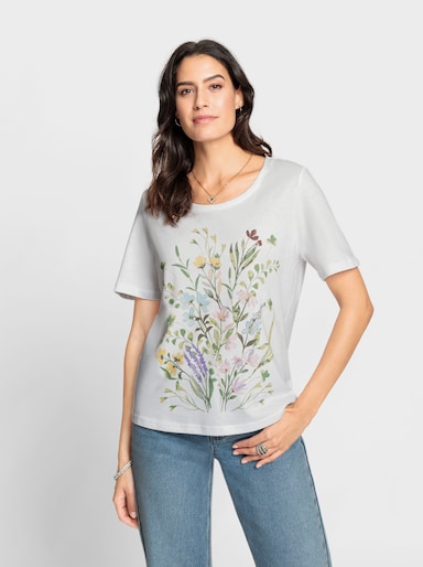 Kurzarmshirt mit Blumenstrauß-Druck - ecru-bedruckt