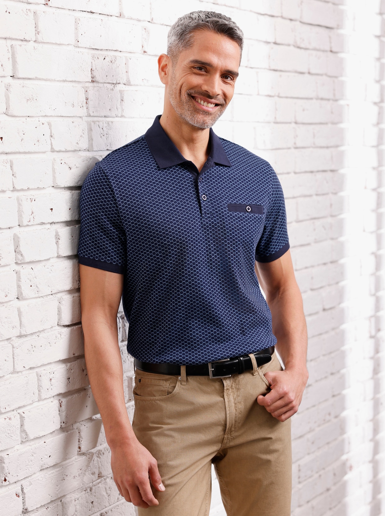 Kurzarm-Poloshirt - marine-mittelblau-bedruckt