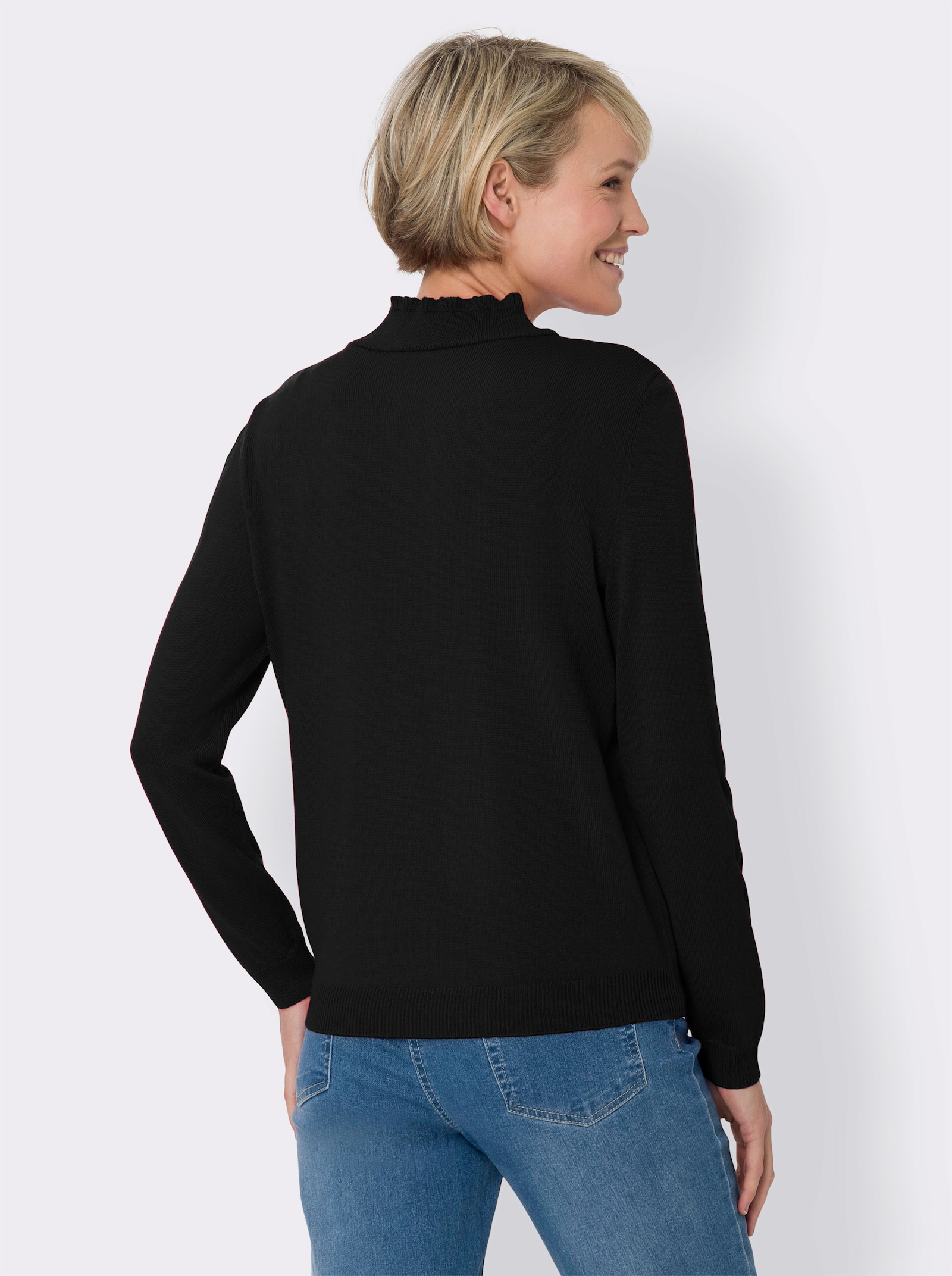 Pullover met opstaande kraag en ruches - zwart
