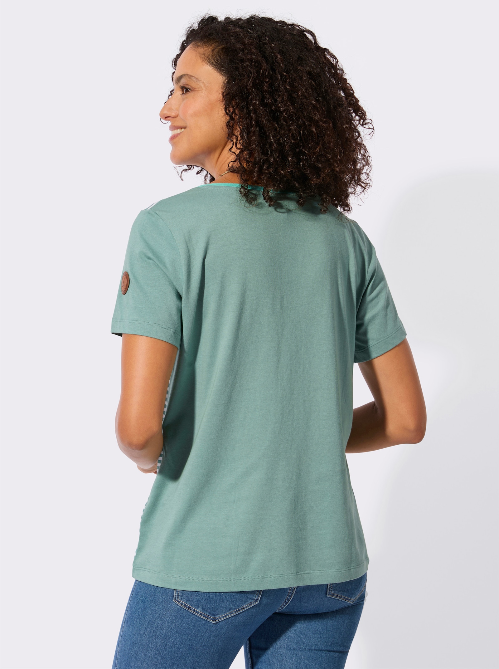 Rundhalsshirt mit Schriftzug und Streifen-Print - jade-blaugrün-bedruckt