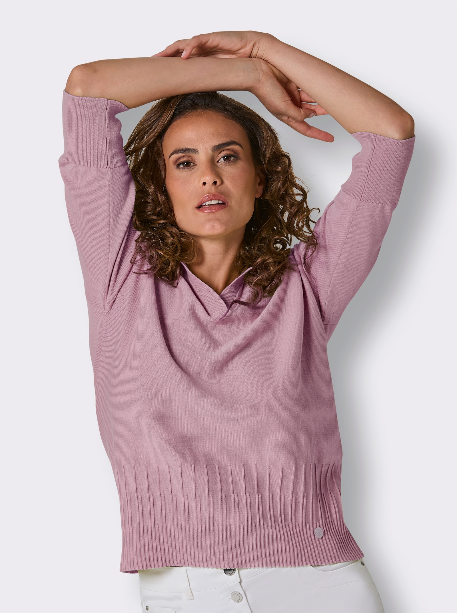 CREATION L PREMIUM Polopullover aus Querstrick - rosé