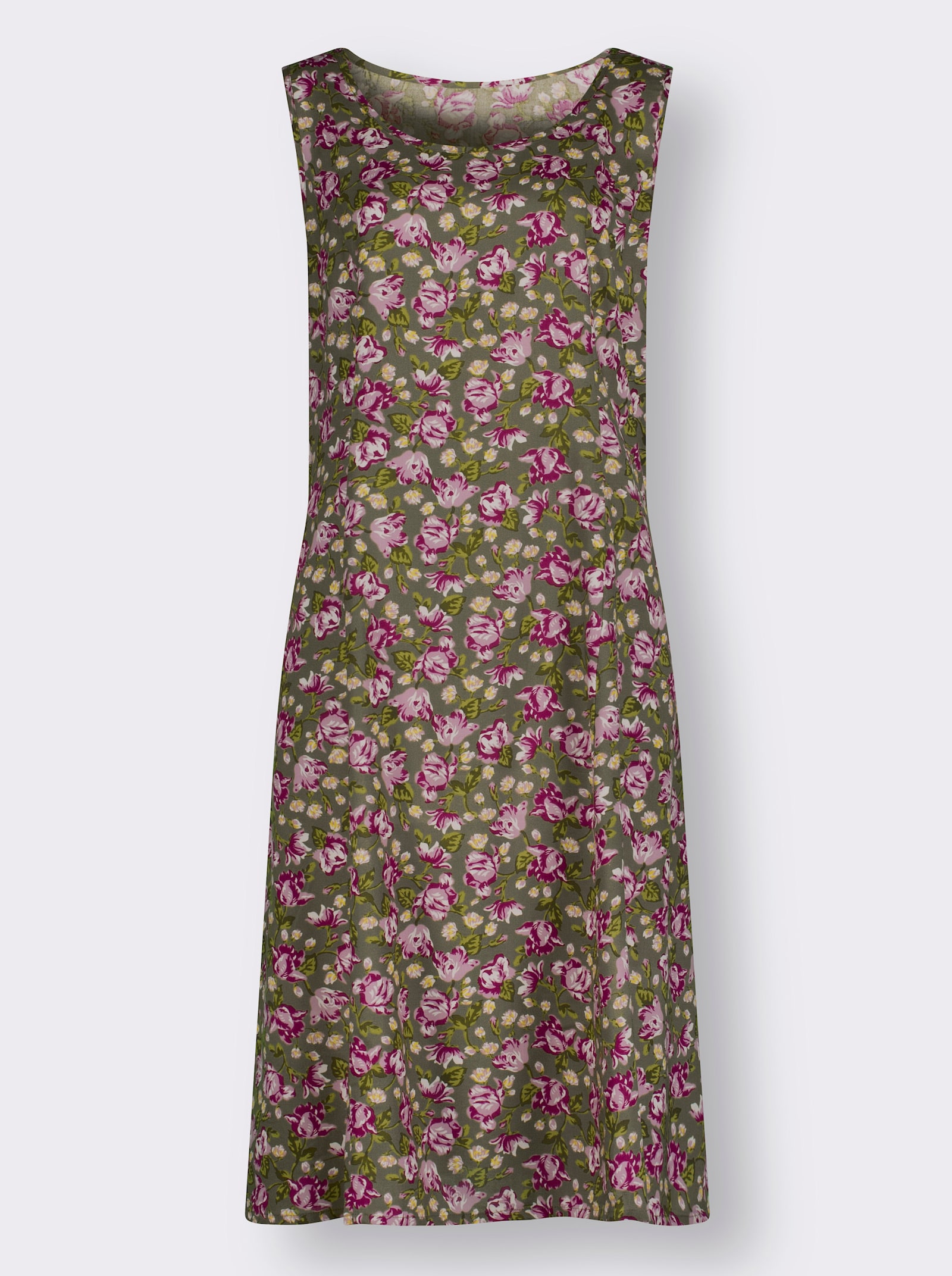 Blumenkleid ohne Ärmel - khaki-mauve-bedruckt