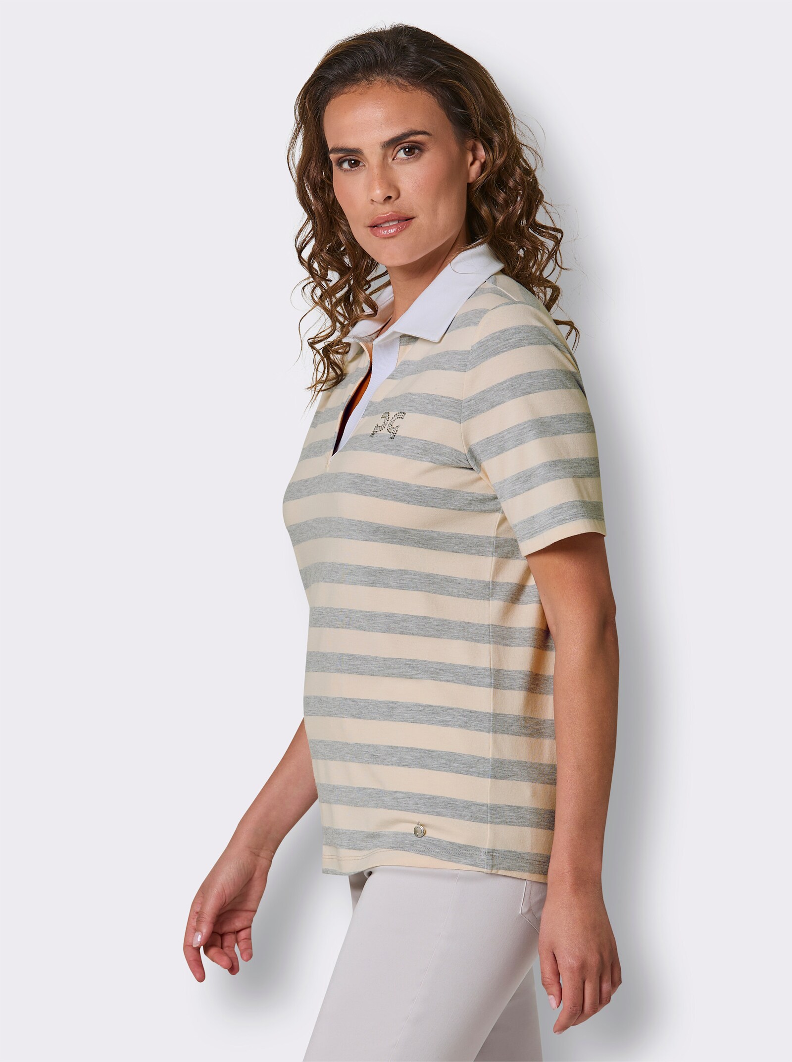 CREATION L PREMIUM Poloshirt mit Schmucksteinchen - hellgrau-champagner-geringelt