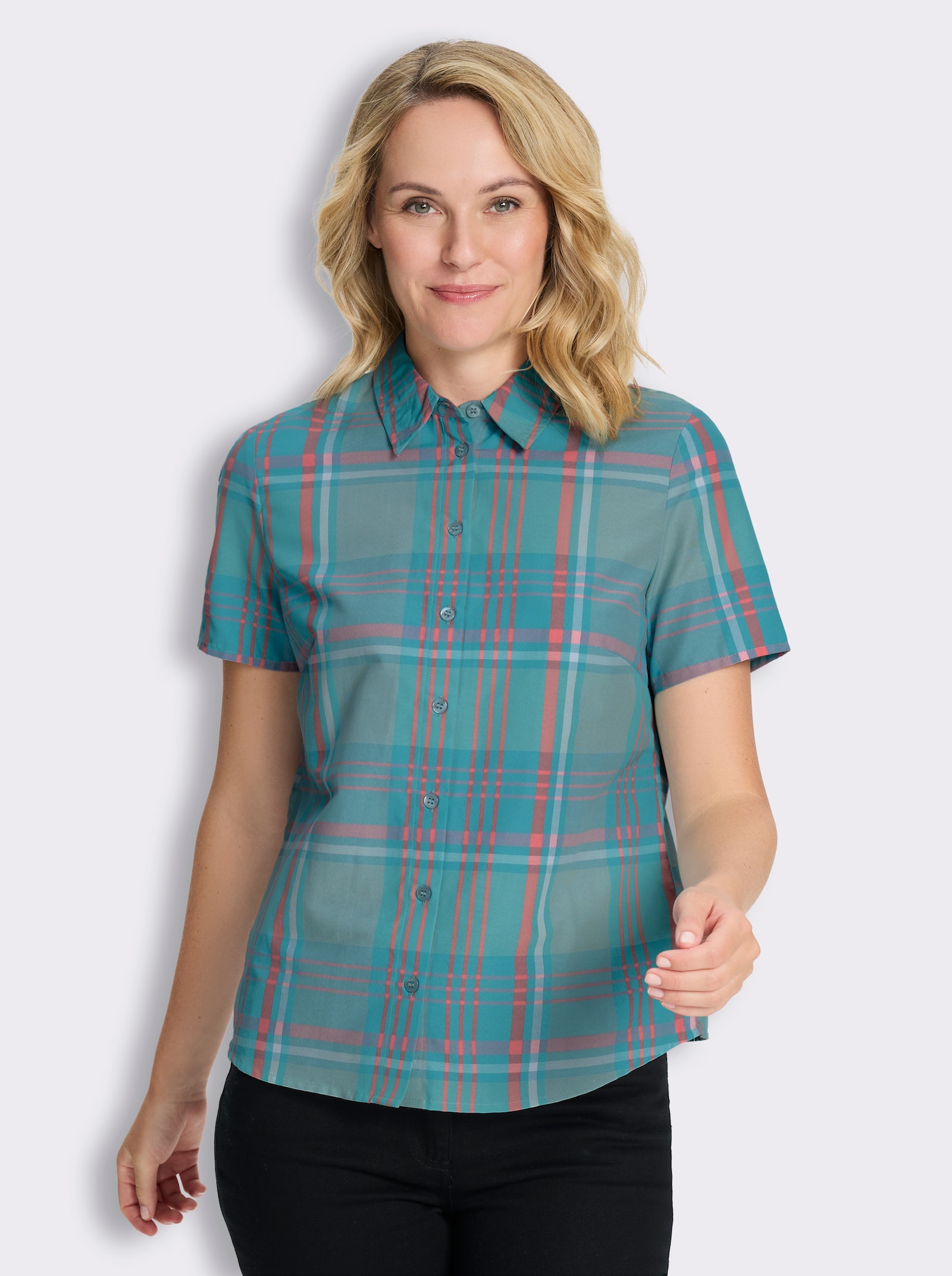 Kurzarm-Bluse - ozean-ecru-kariert