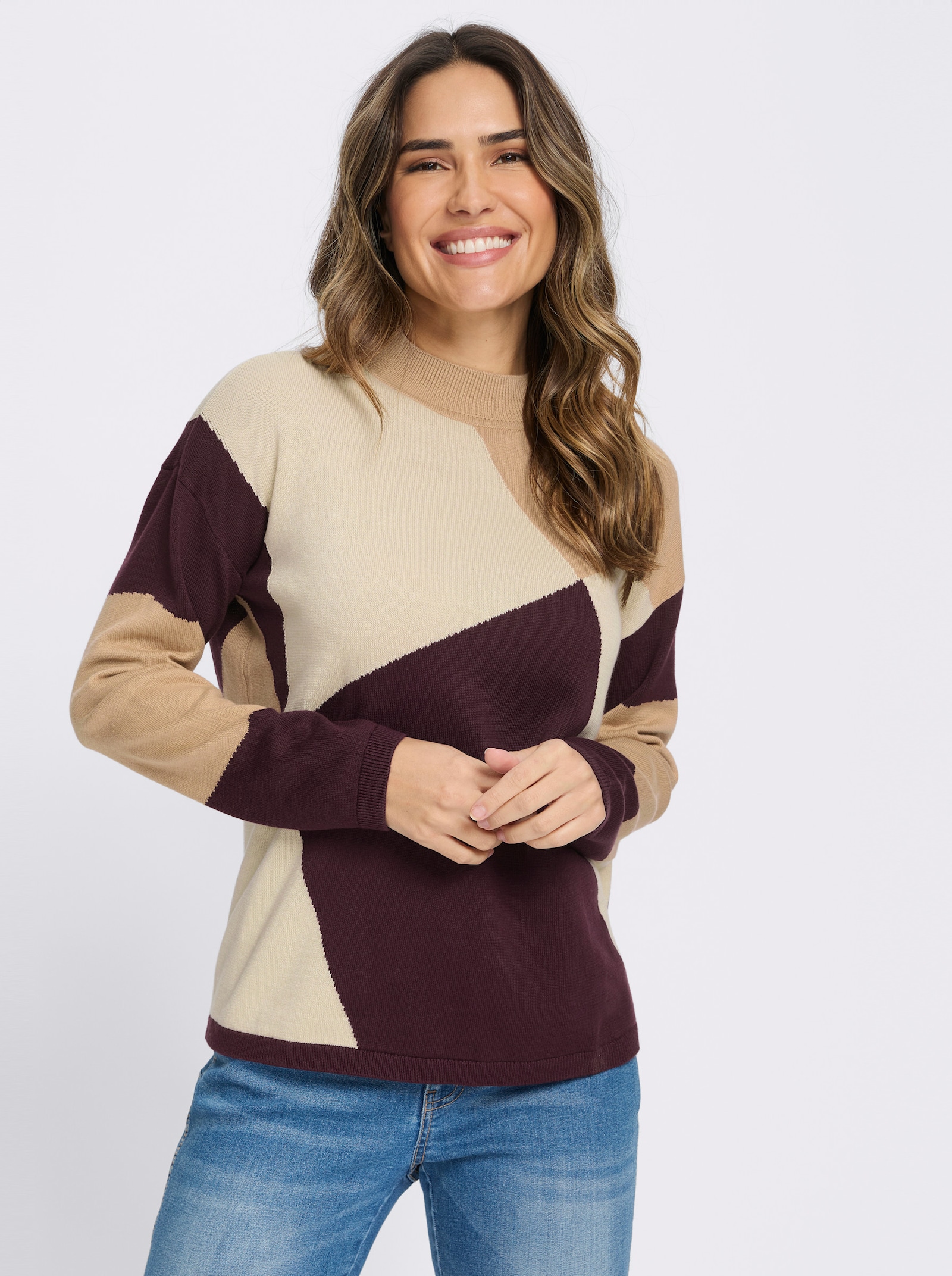 Stehkragenpullover mit grafischem Muster - sand-burgund-gemustert