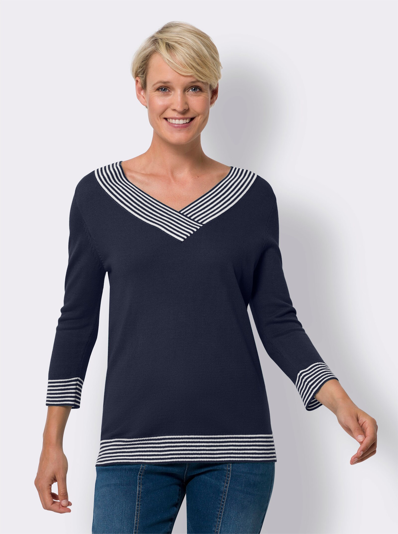 3/4 Arm-Pullover mit V-Ausschnitt - marine-weiß