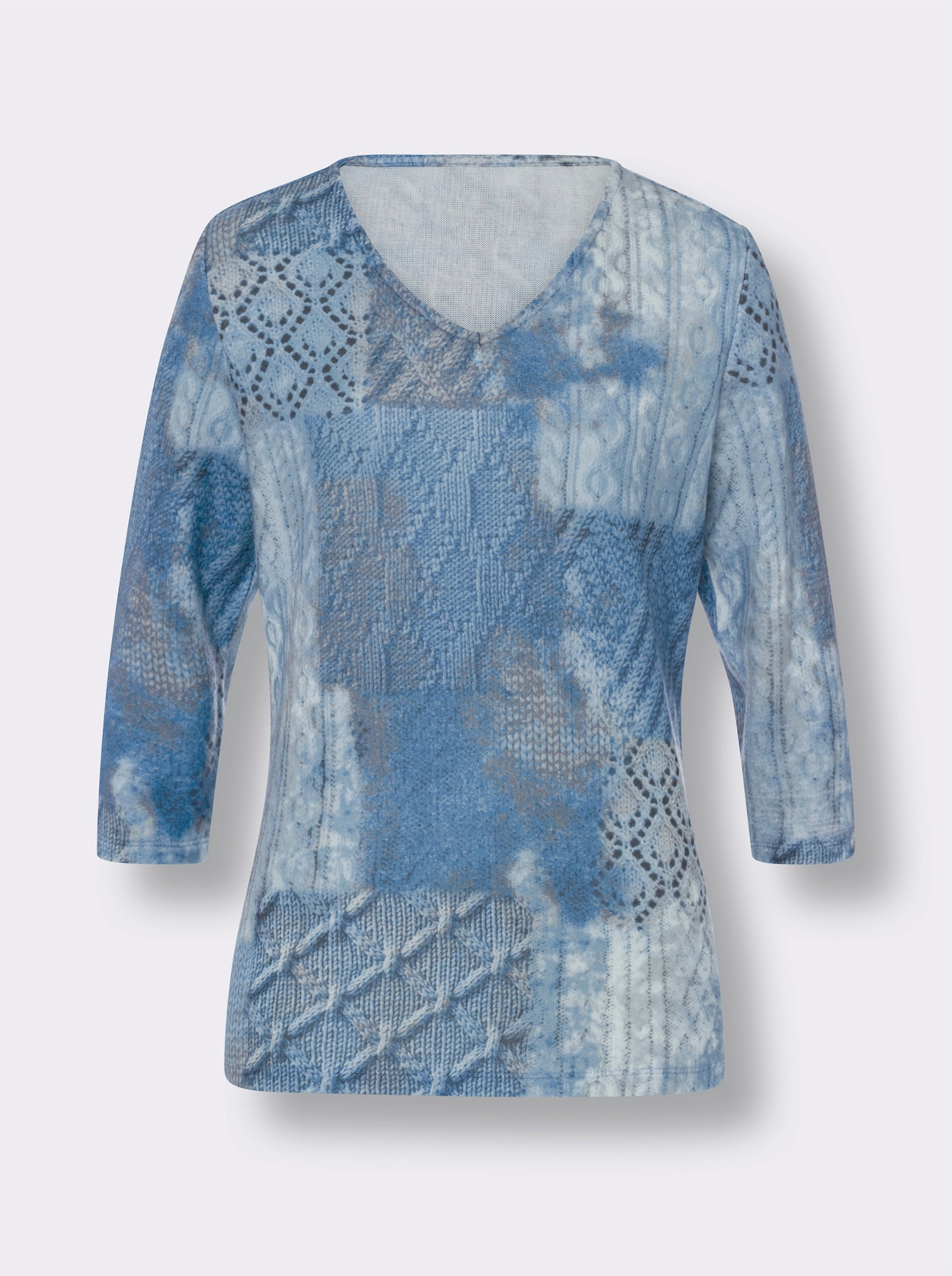 Feinstrickpullover - hellblau-grau-bedruckt