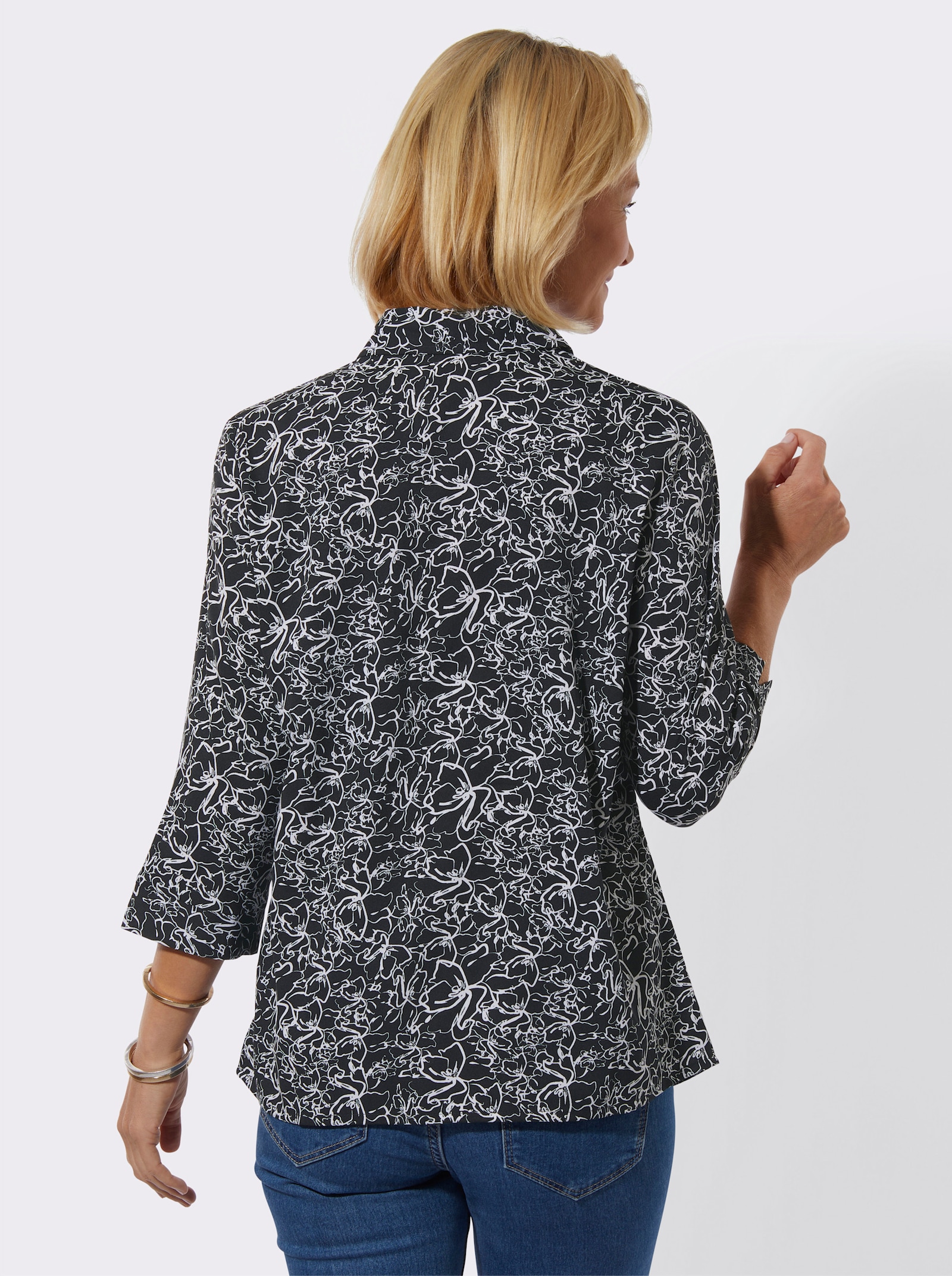 Hemdbluse im Blütendessin - schwarz-weiss-bedruckt