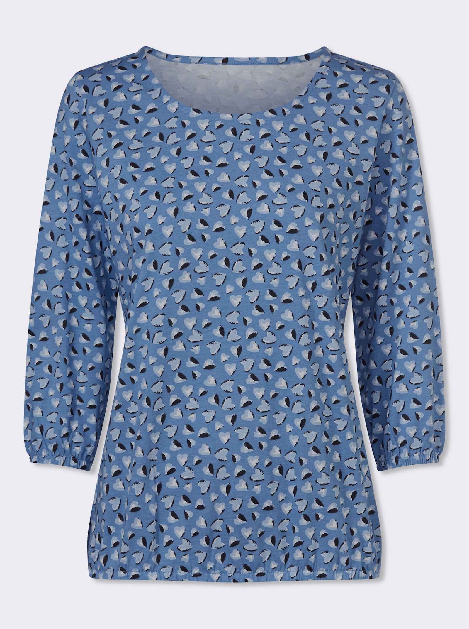 Tričko s 3/4 rukávem a srdíčkovým vzorem - střední modrá-ecru-potisk