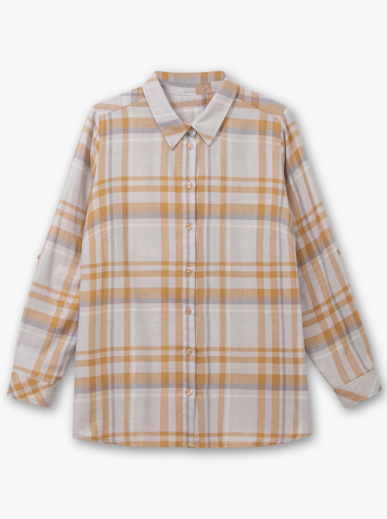Flanellbluse mit krempelbaren Ärmeln - steingrau-camel-kariert